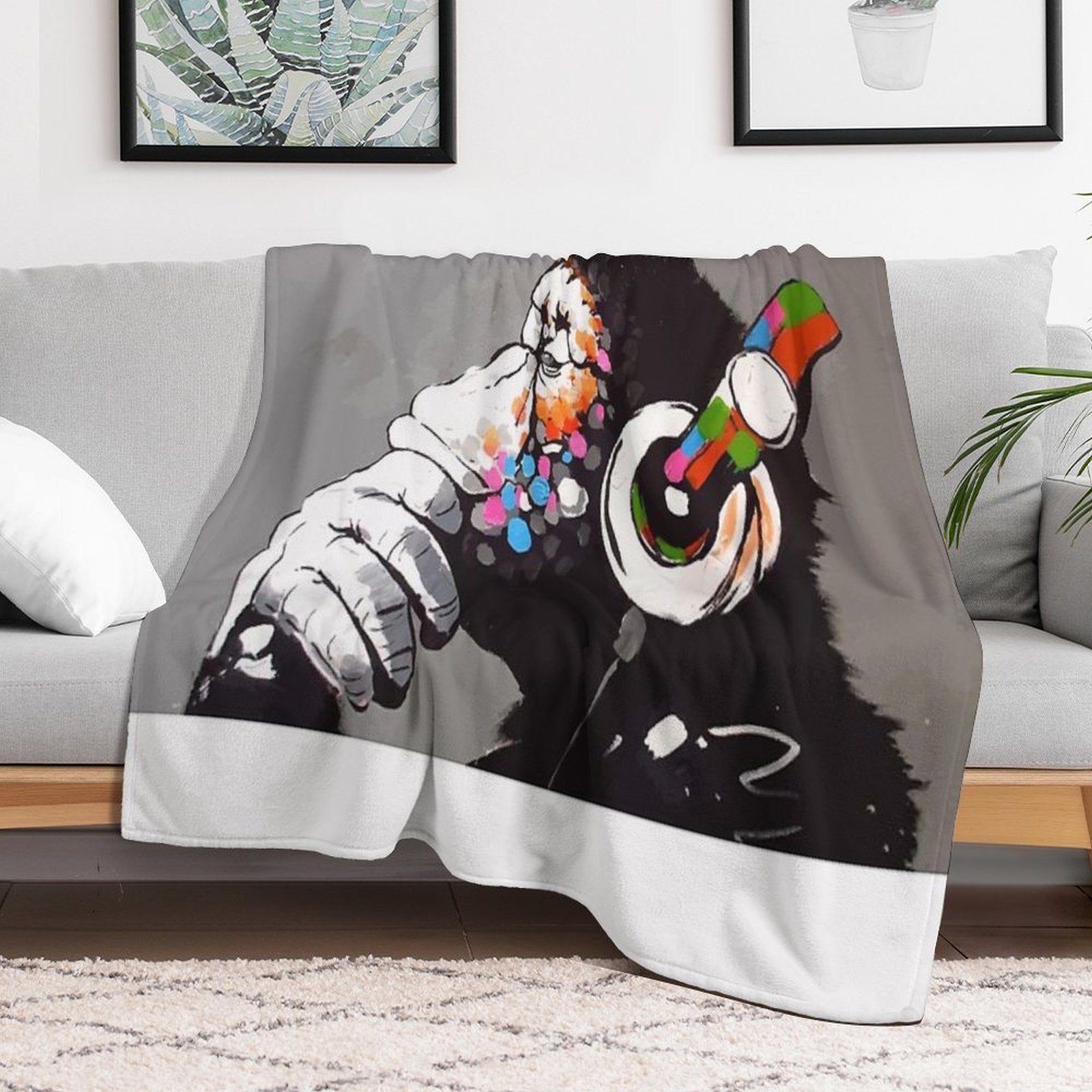 Banksy DJ Monkey Thinker with Headphones Velvety-soft Throw Blanket