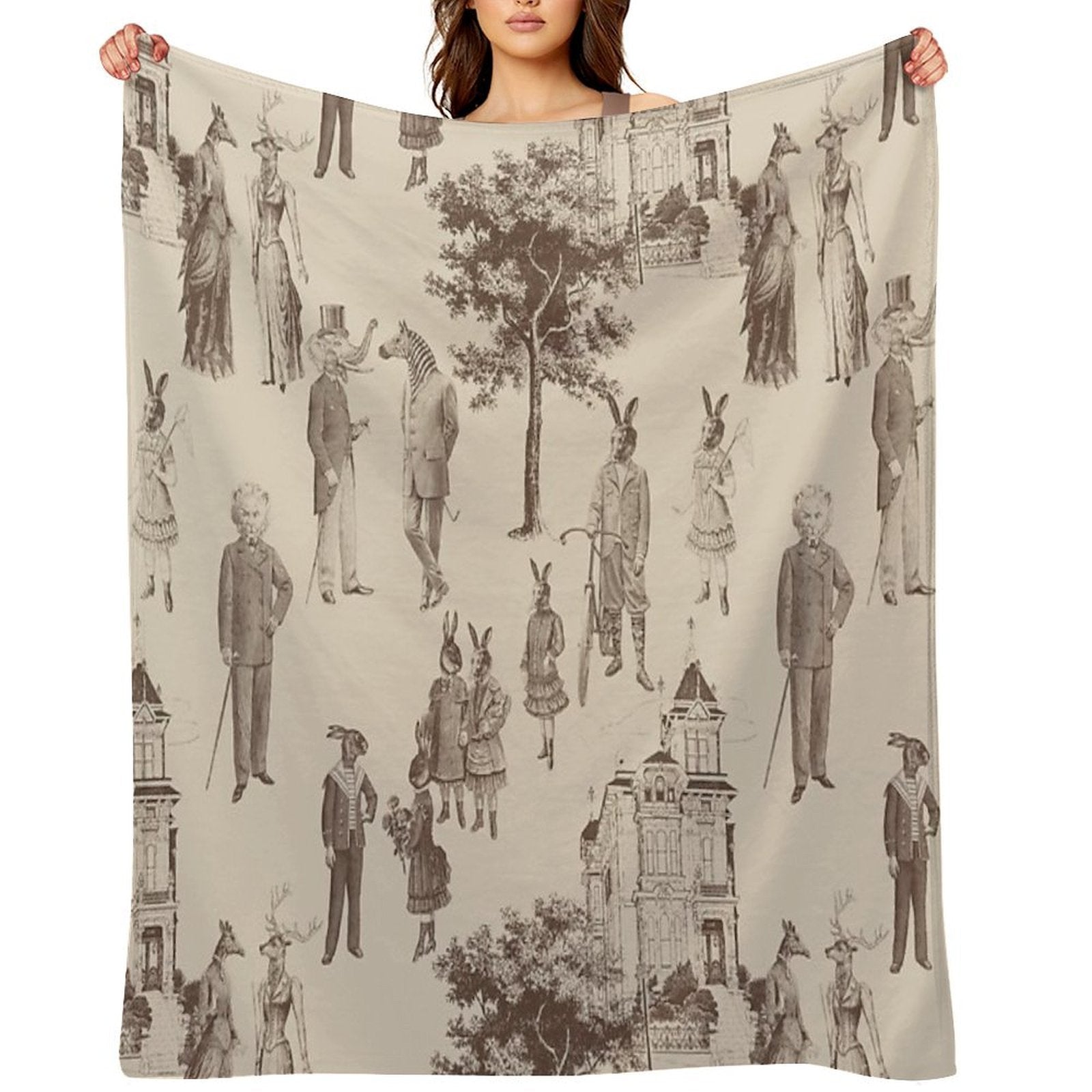 Antique Victorian Animals Brown Beige Toile Travel-friendly Throw Blanket