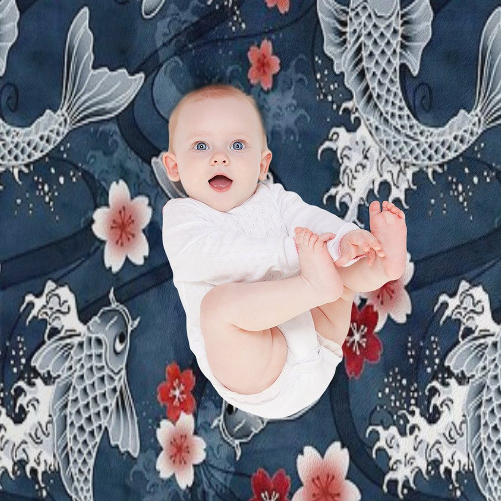 Koi Sakura Blossom in Blue Anti-pilling Throw Blanket