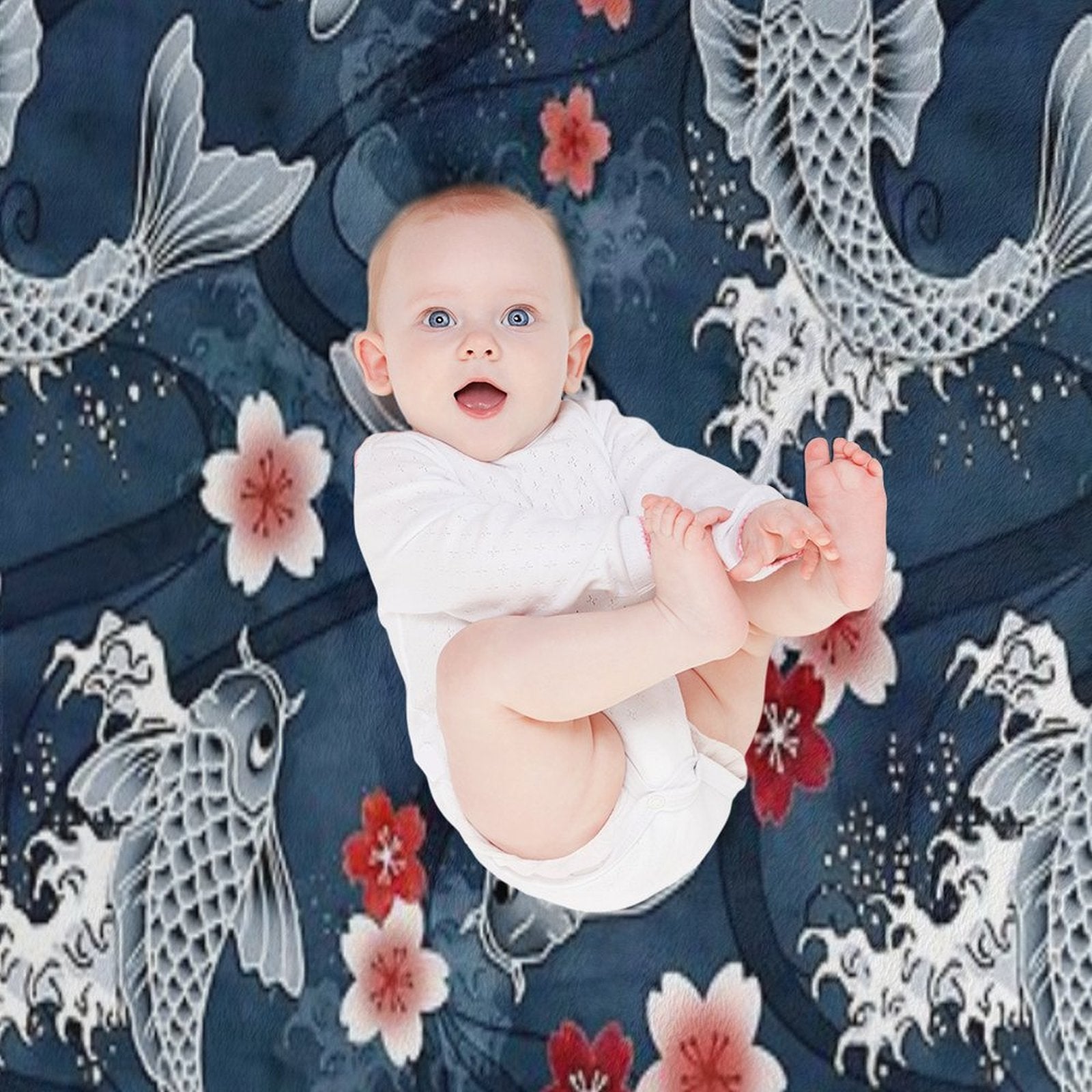Koi Sakura Blossom in Blue Anti-pilling Throw Blanket