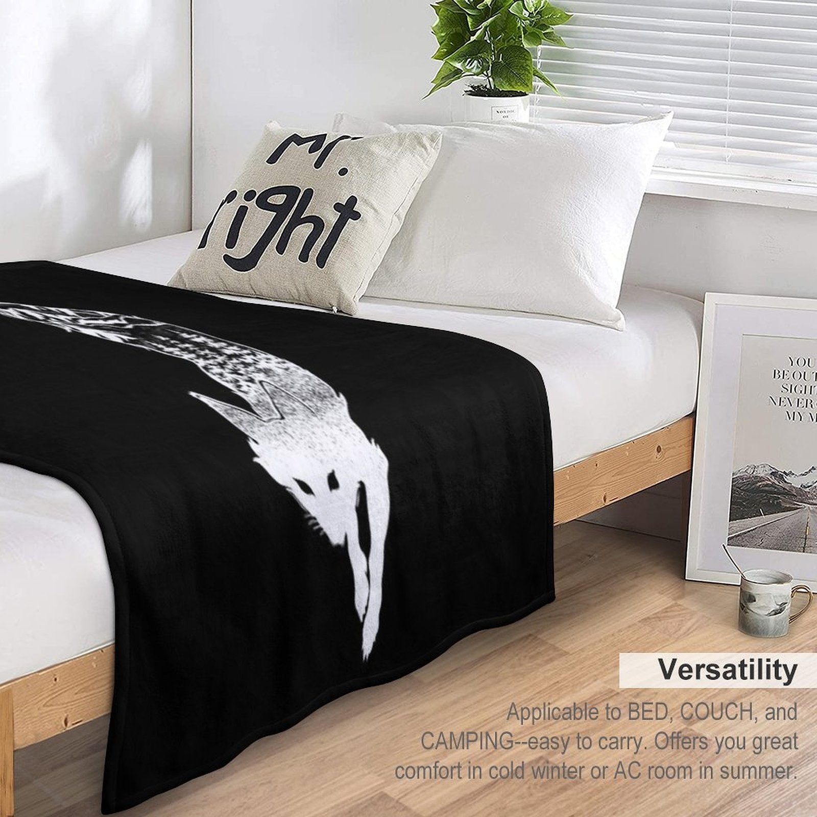 Fox Silhouette with Mountains, Trees & Moon T-Shirt Gift-ready Throw Blanket