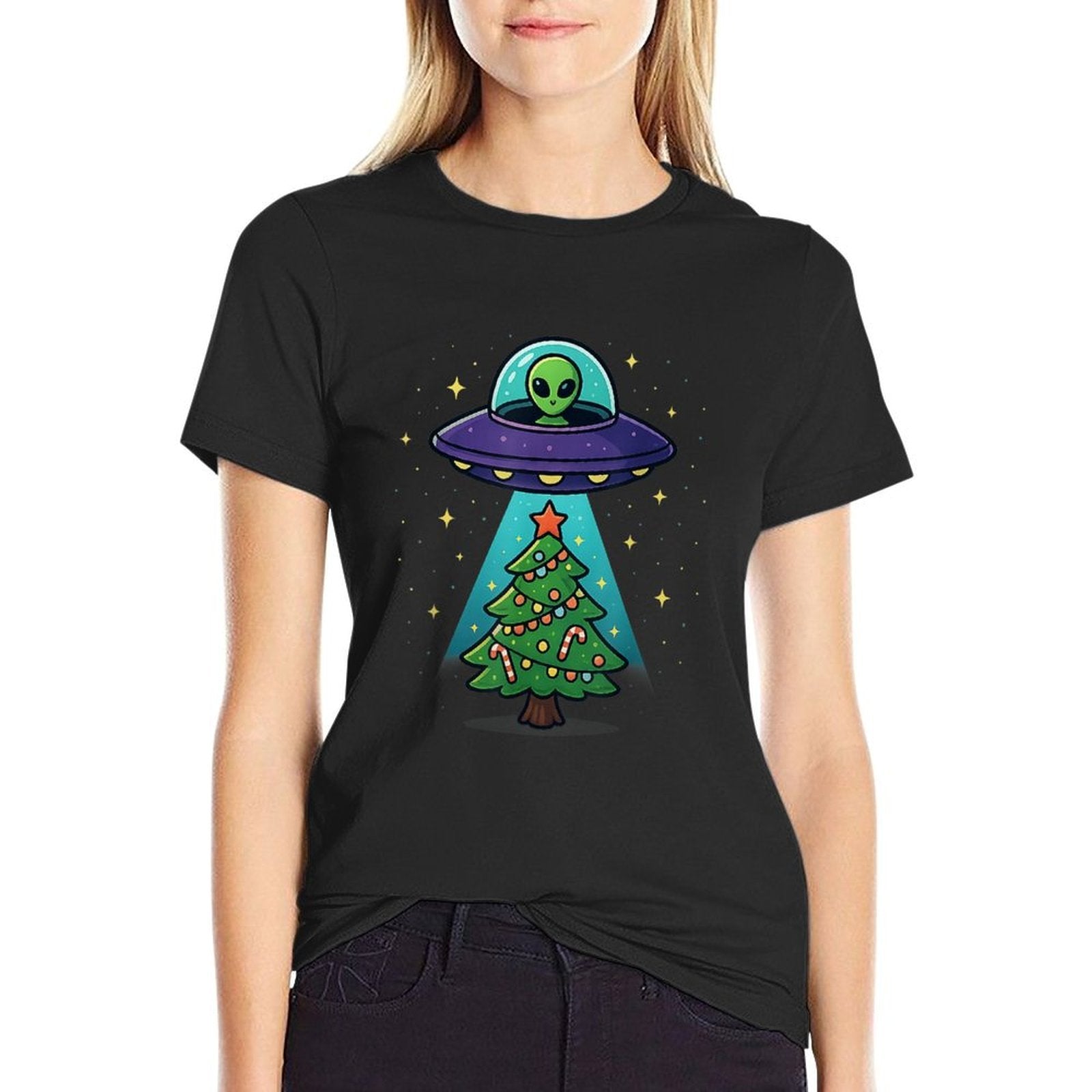 Alien Christmas Lights UFO Holiday Abduction Christmas Tree Comfortable T-Shirt