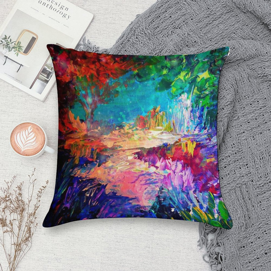 WELCOME TO UTOPIA Bold Rainbow Multicolor Abstract Painting Forest Nature Whimsical Fantasy Fine Art Soft Ultra-Soft Texture Throw Pillow