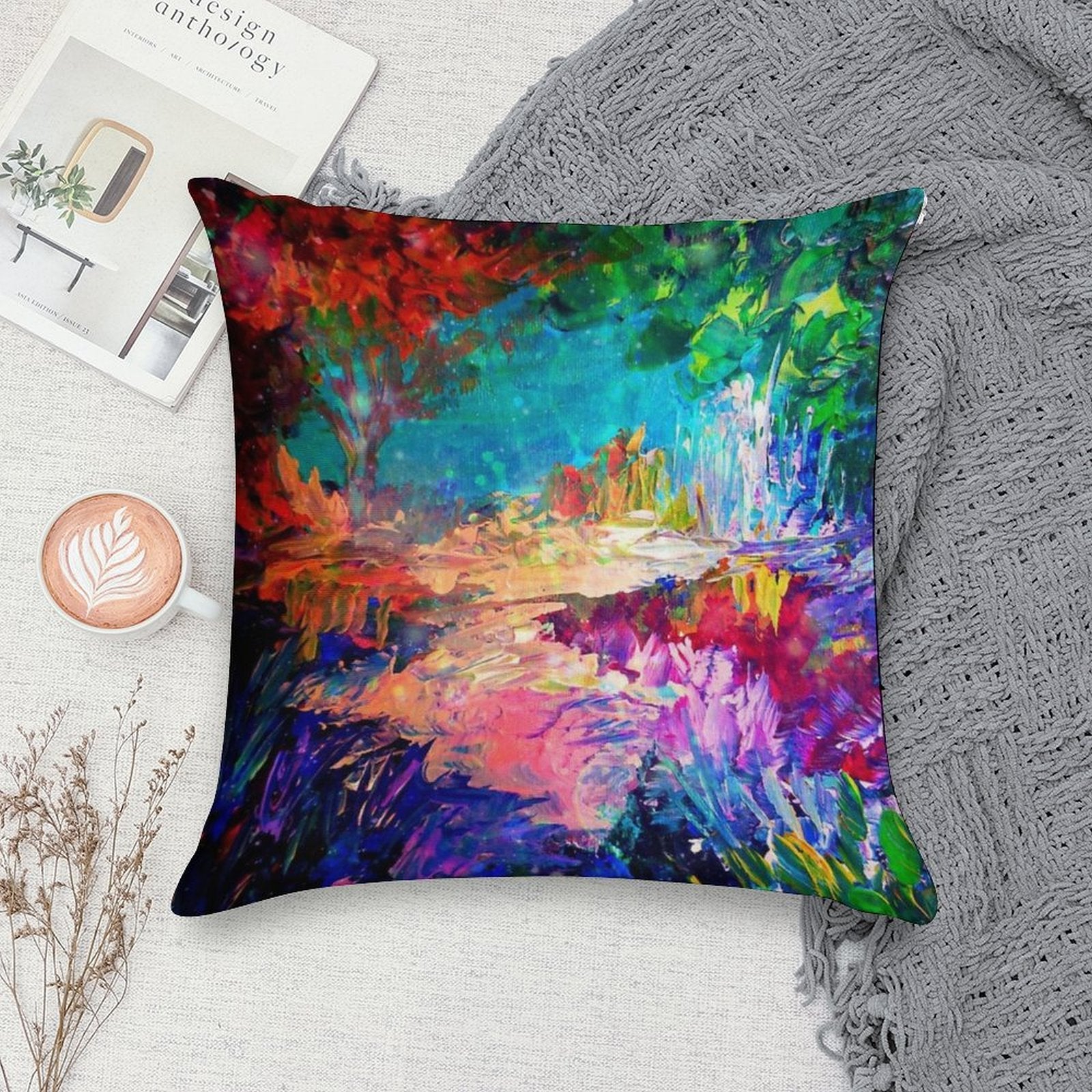 WELCOME TO UTOPIA Bold Rainbow Multicolor Abstract Painting Forest Nature Whimsical Fantasy Fine Art Soft Ultra-Soft Texture Throw Pillow