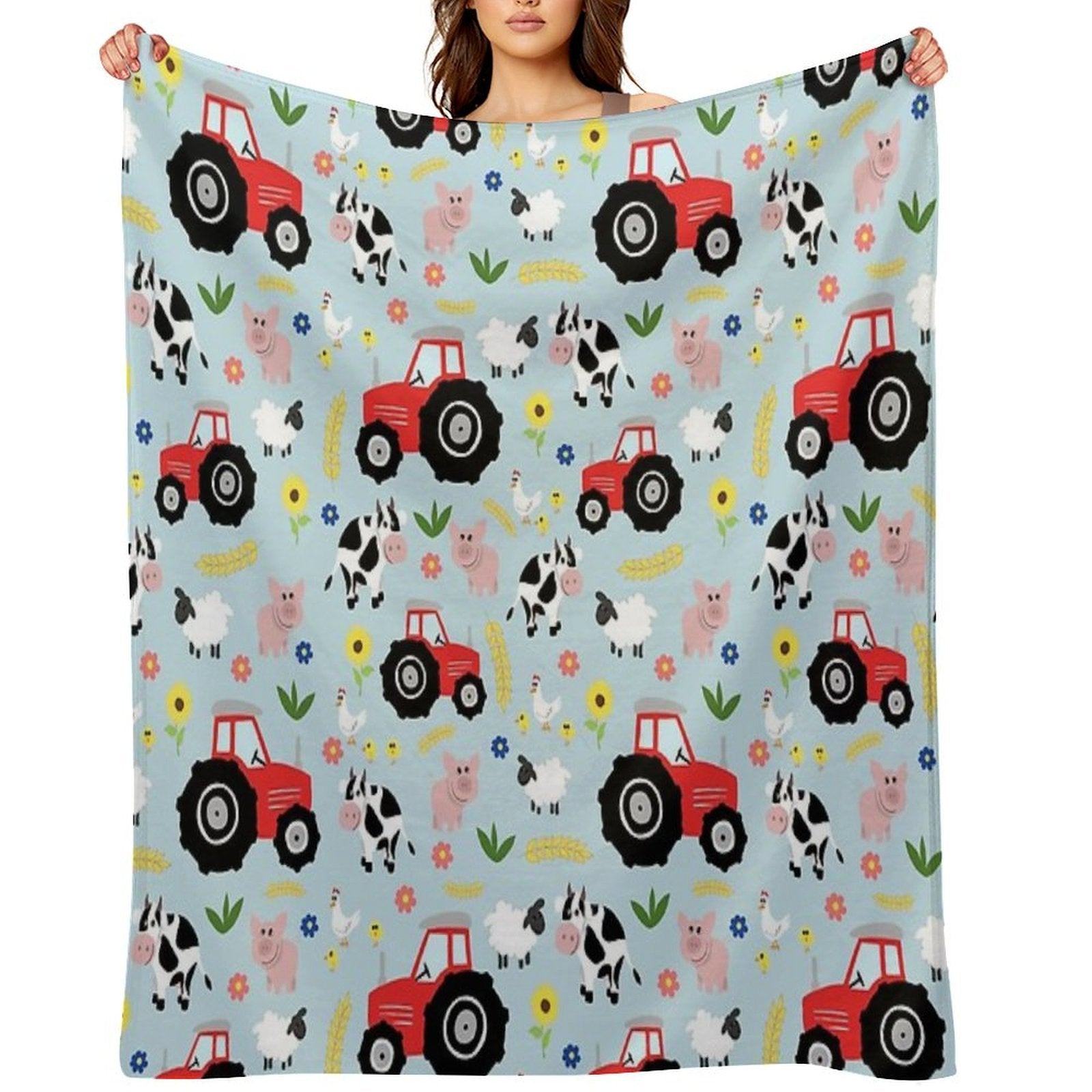 Cute Kids Red Tractor Farm Animal Pattern Cartoon Gift-ready Throw Blanket