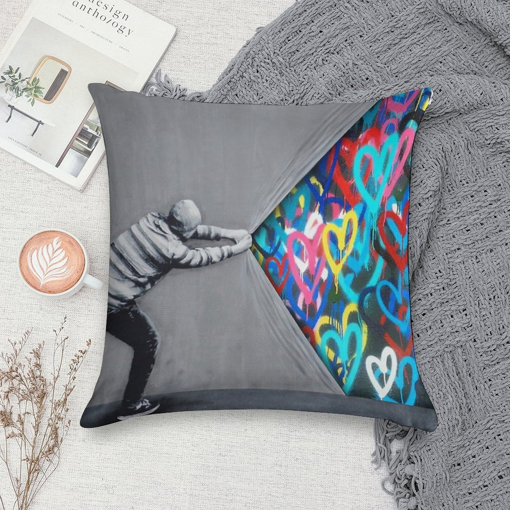 Behind The Curtain Graffiti Hearts Spray Paint Art Soft Easy Maintenance Throw Pillow