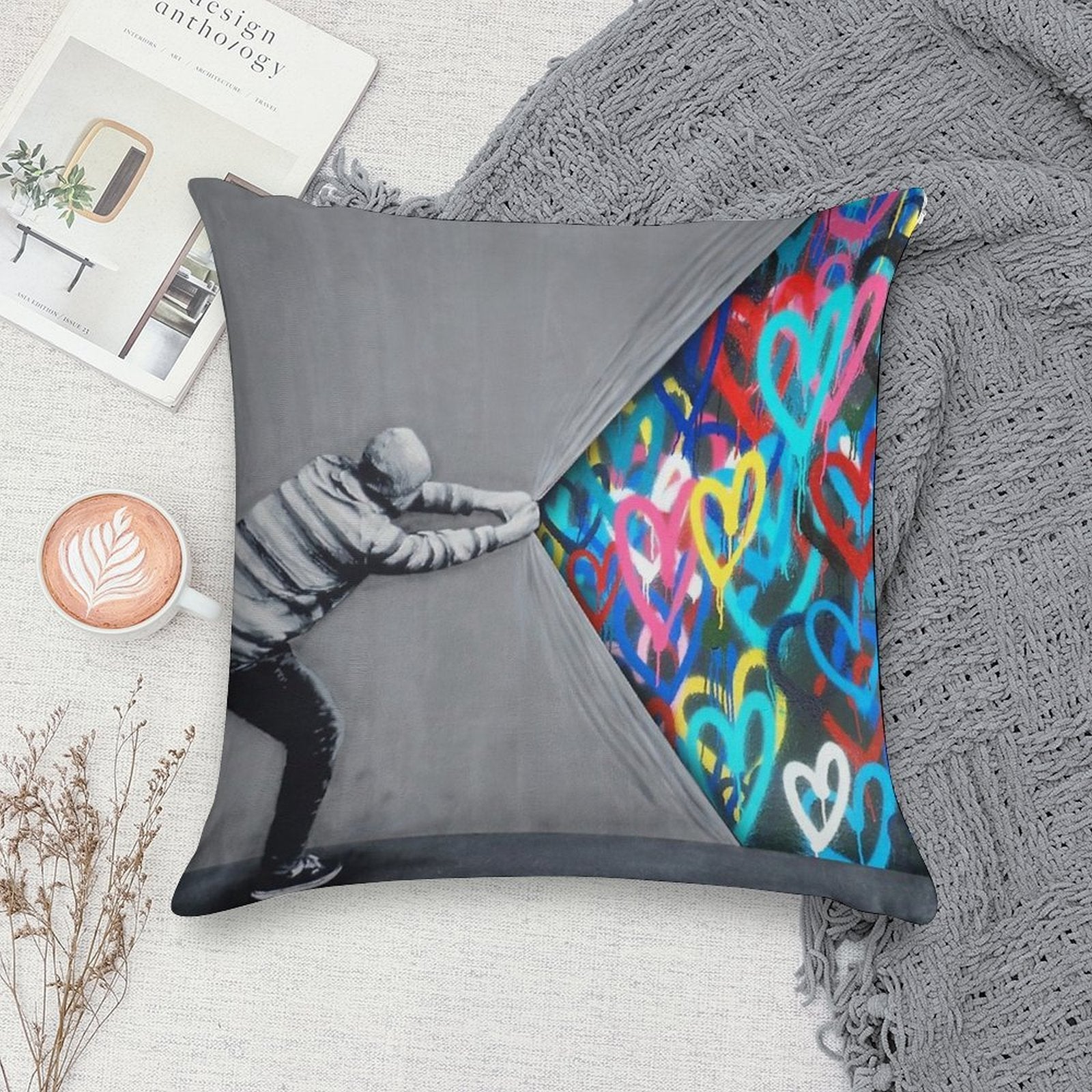 Behind The Curtain Graffiti Hearts Spray Paint Art Soft Easy Maintenance Throw Pillow