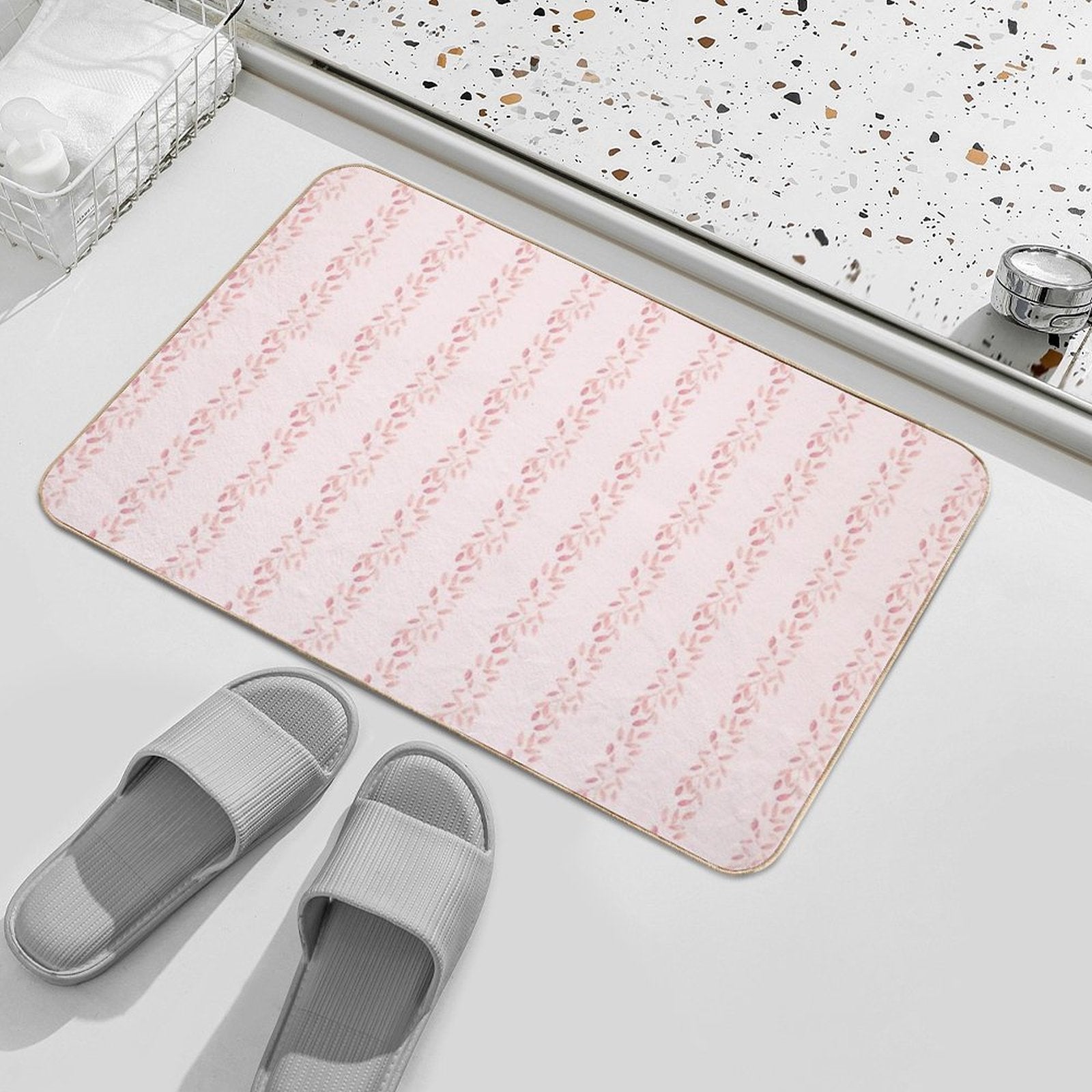 Pastel Floral Tone on Tone Watercolor Stripe Bella Petals in Pink Diamond  Toxin-Free Bath Mat