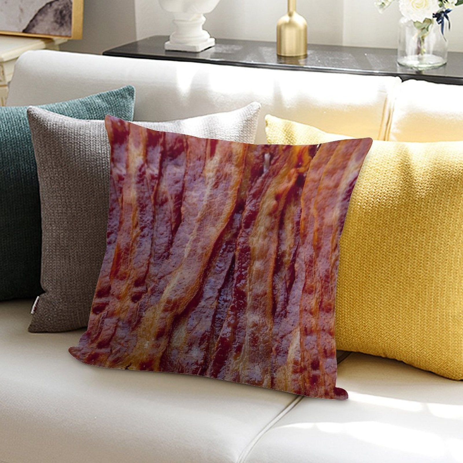 Fried Bacon Soft Short Plush Fabric Throw Pillow