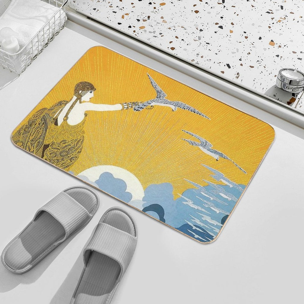 Art Deco Era Fashion, Woman with Birds And Ocean  Rapid-Drying Bath Mat