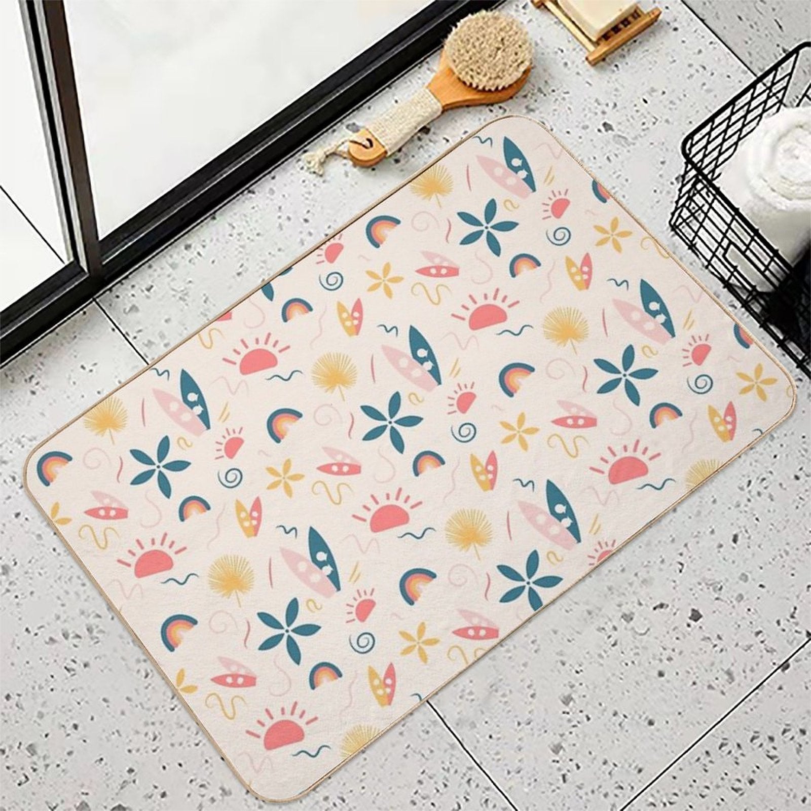Summer Pattern - Surf, Sun And Rainbow!  Easy Maintenance Bath Mat