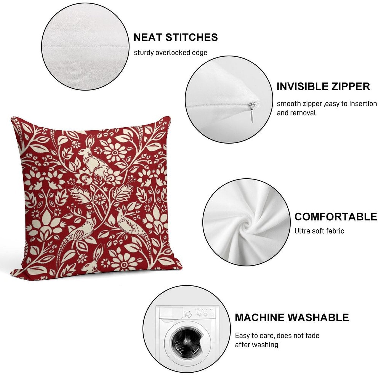 Pheasant And Hare Pattern, Deep Red And Cream Soft Bedroom Essential Throw Pillow