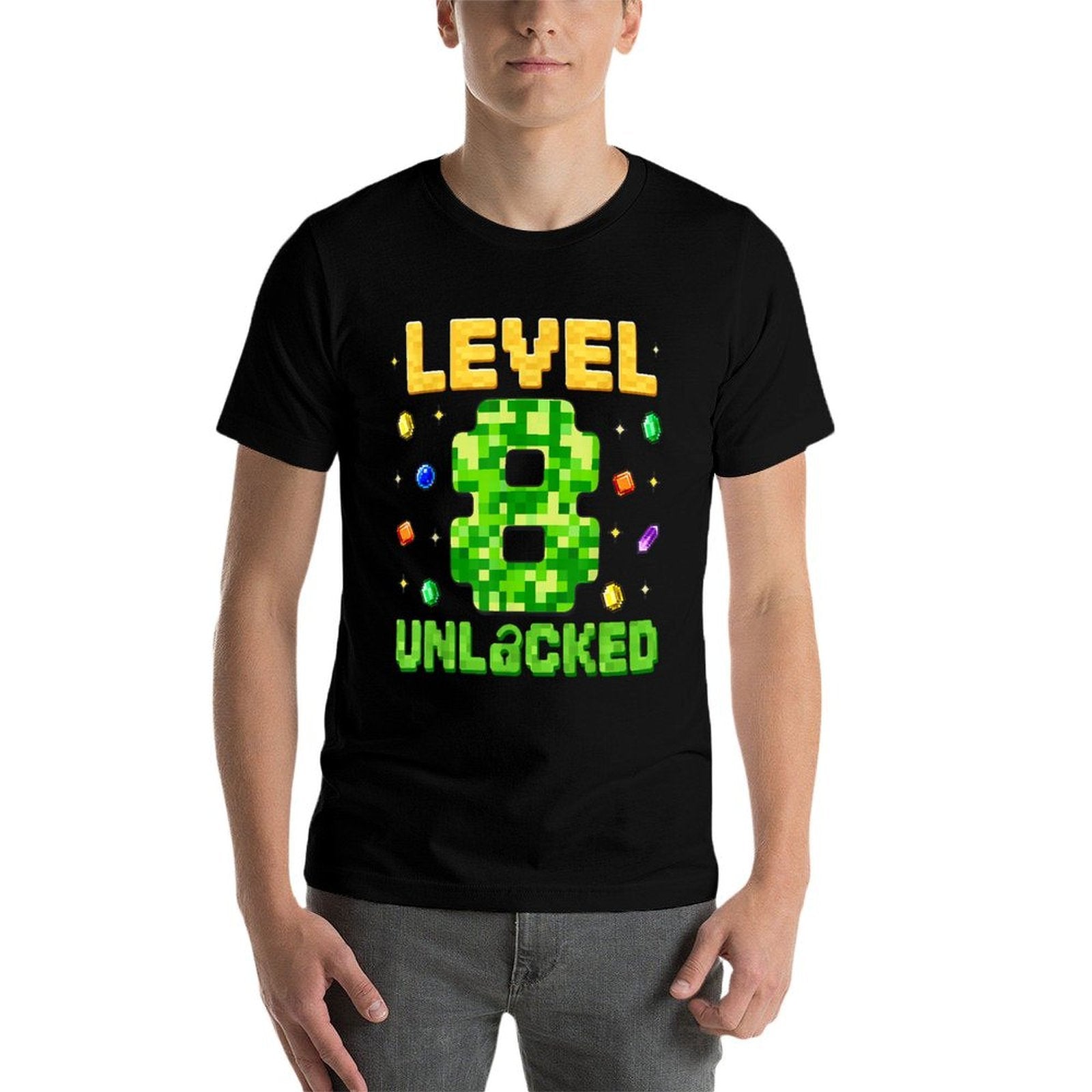 Funny Level 8 Unlocked 8th Birthday Gamer Pixel  Fade-proof Color T-Shirt