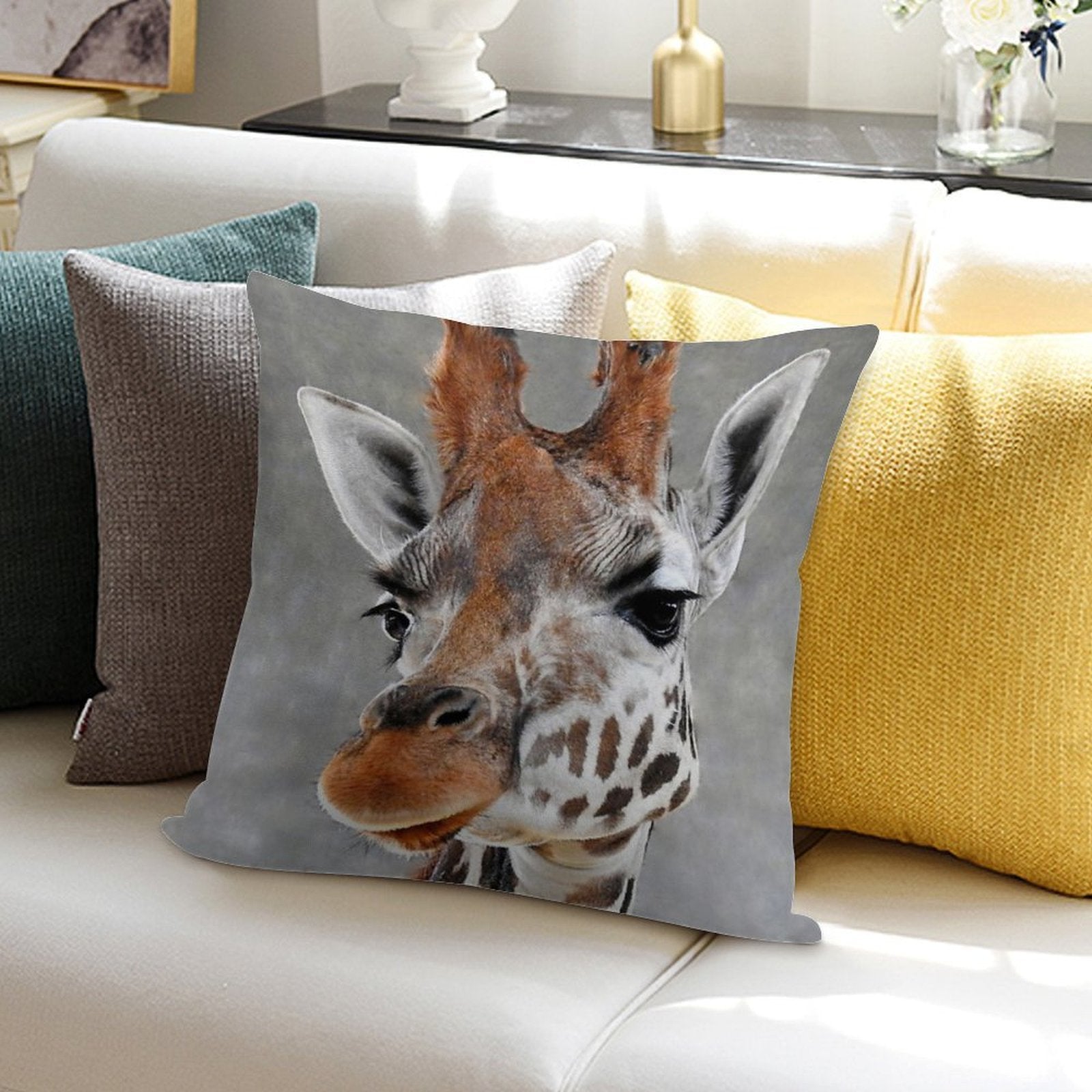 Giraffe on Grey Soft Hidden Zipper Throw Pillow