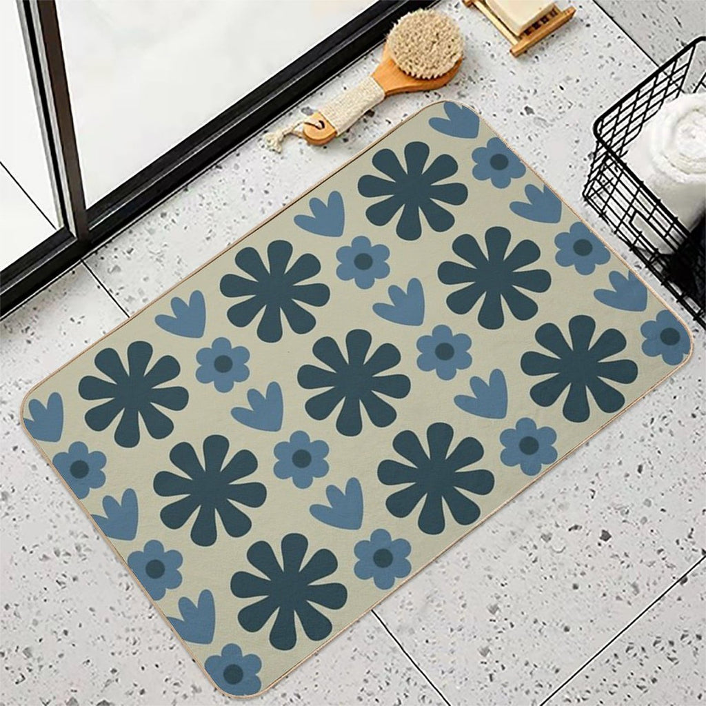 Scandi Floral Grid Retro Pattern in Vintage Blue And Beige  Absorbent Bath Mat