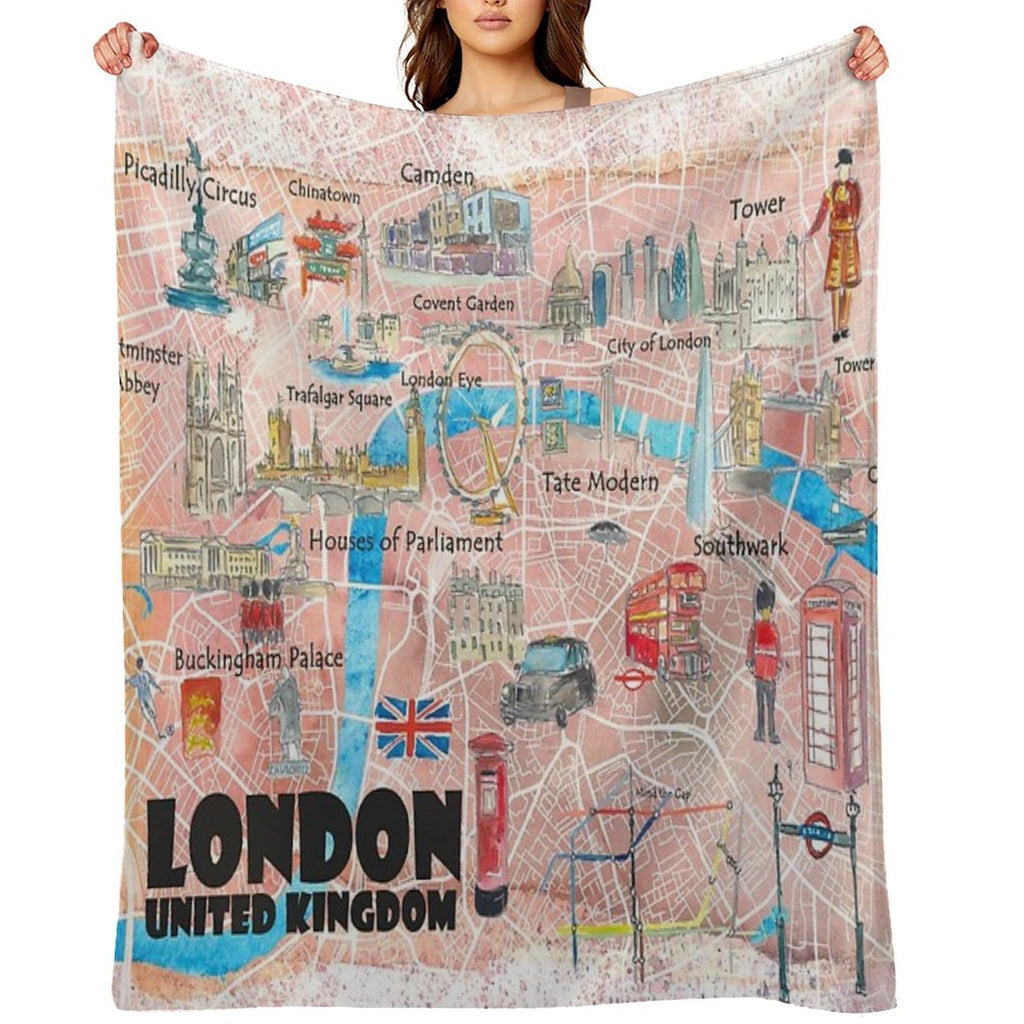 London UK Illustrated Map with Main Roads, Landmarks & Highlights Easy Care Throw Blanket
