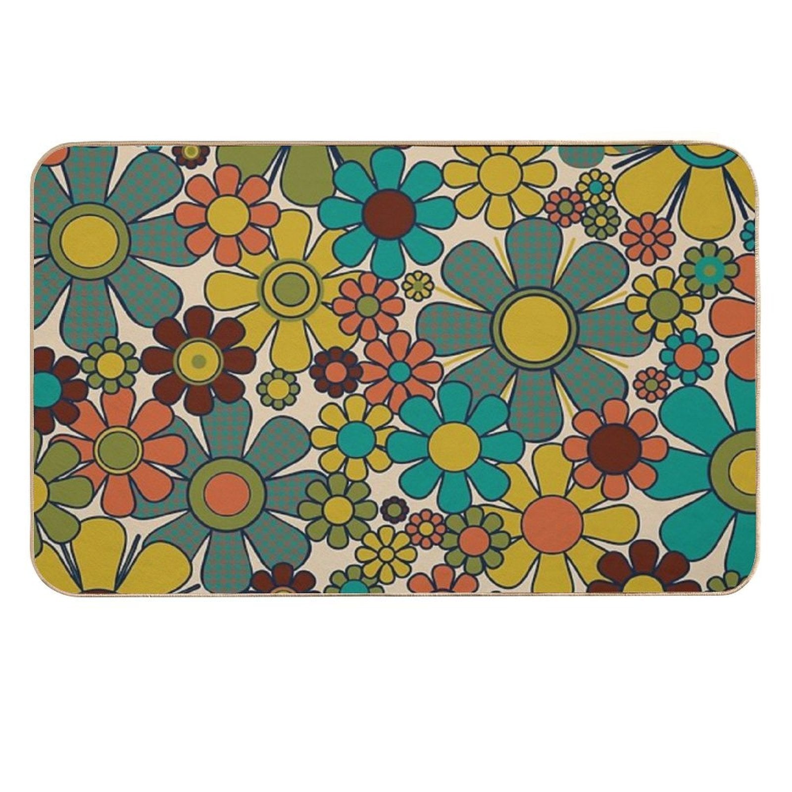 Retro Garden Gingham Flowers 70s Floral Pattern 2 in Mid Century Modern Olive Mustard Teal Orange  Anti-Trip Bath Mat