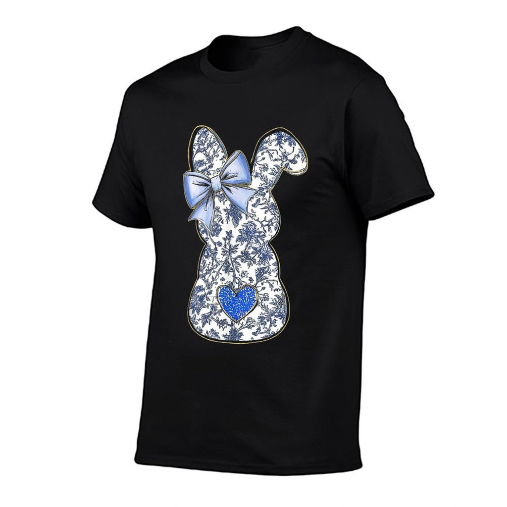 Easter Chinoiserie Floral Bunny With Cute Blue Bow Coquette  Cotton T-Shirt