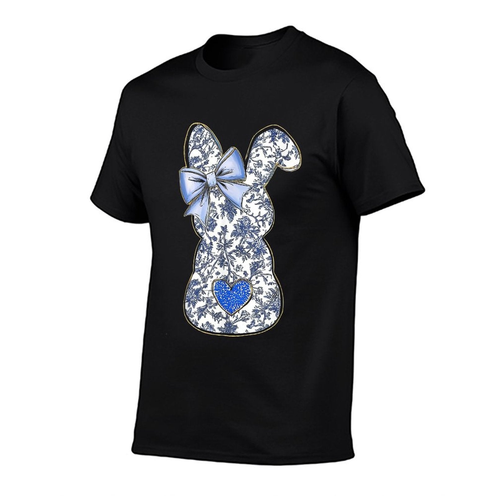 Easter Chinoiserie Floral Bunny With Cute Blue Bow Coquette  Cotton T-Shirt