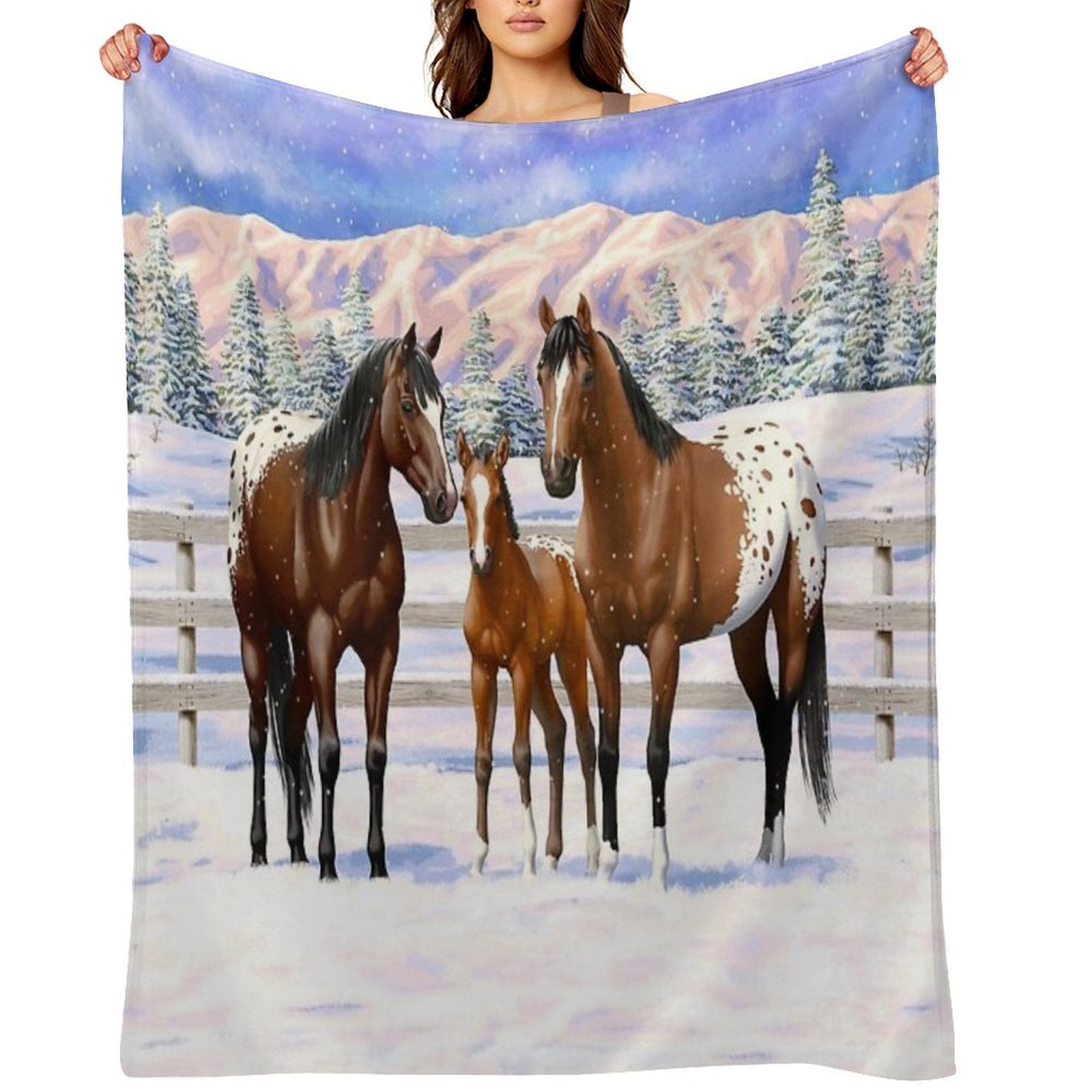 Bay Appaloosa Quarter Horses In Winter Snow Wrinkle-free Throw Blanket