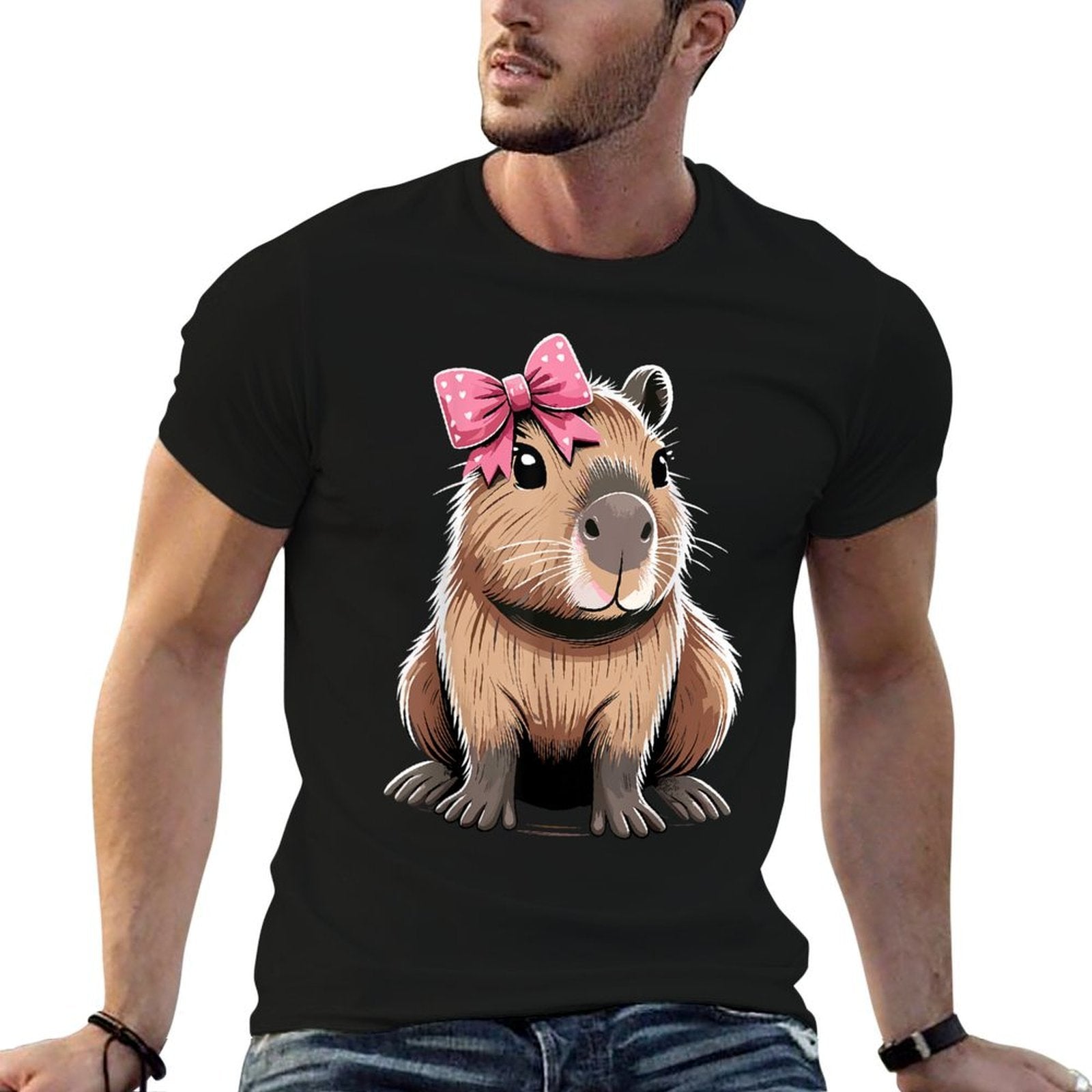 Cute Gifts for Capybaras Lover Capybara with Pink Ribbon Bow Unisex-Child  Ribbed Collar T-Shirt