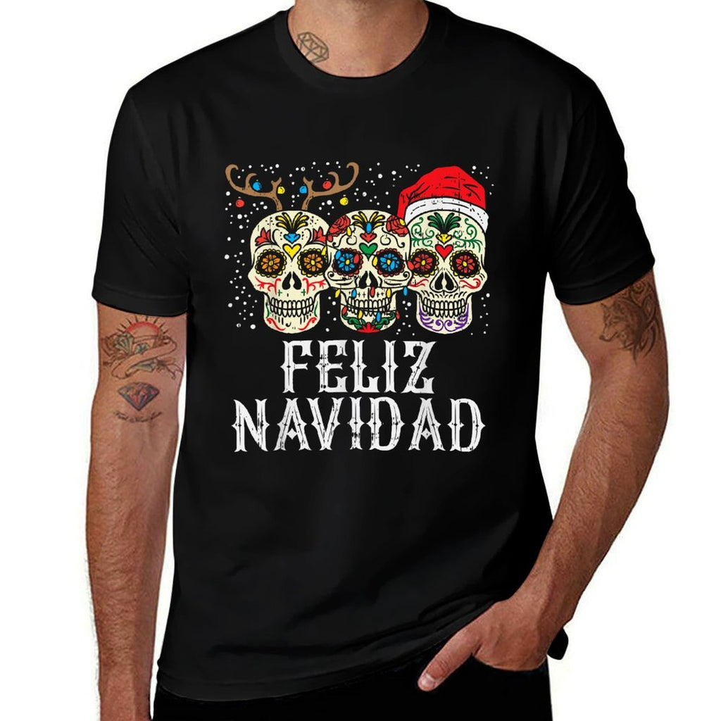 Feliz Navidad Sugar Skulls Reindeer Santa Mexican Christmas  Easy-care T-Shirt