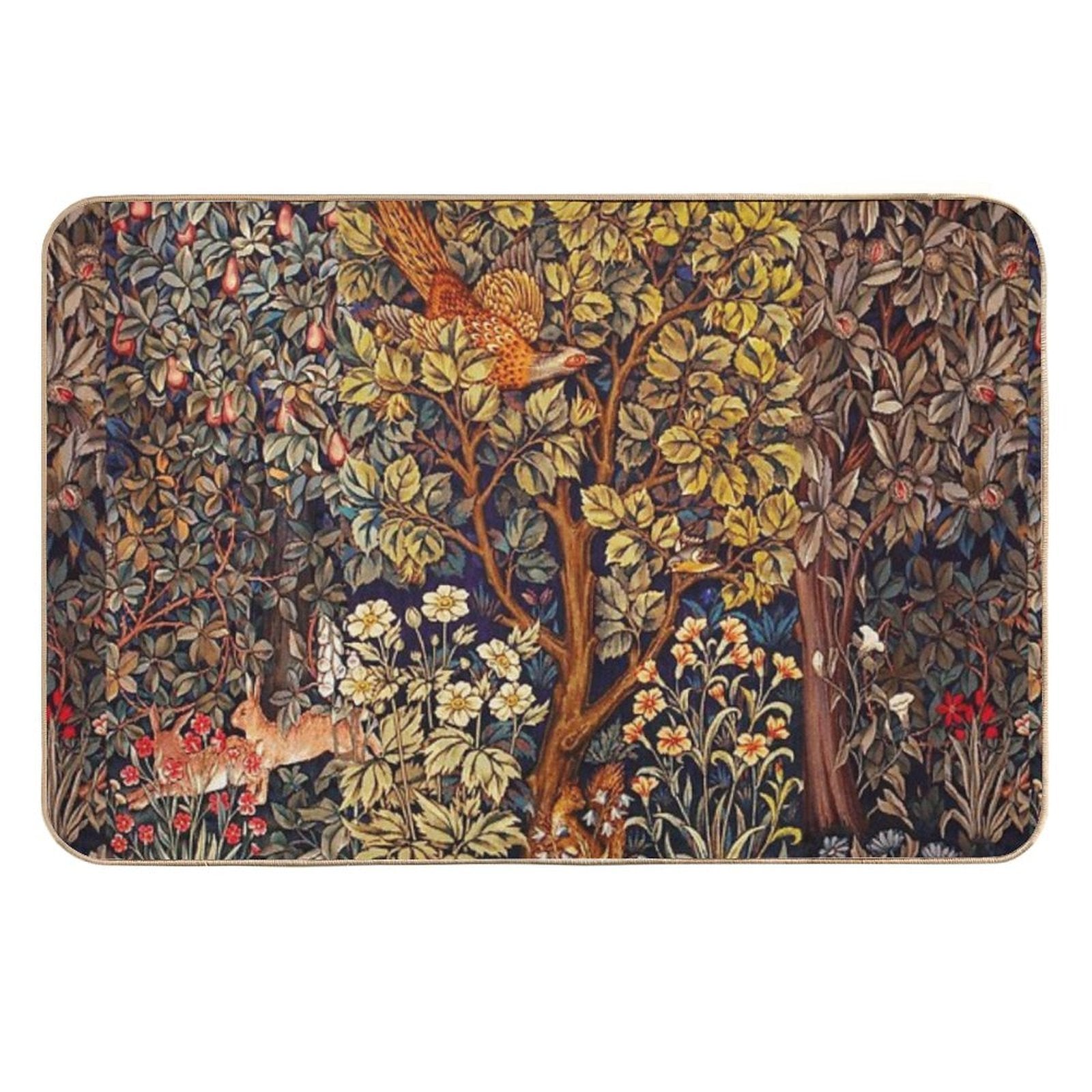 GREENERY,FOREST ANIMALS Pheasant on Autumn Tree,Squirrel,Hares,Red Yellow Floral Tapestry  Anti-Trip Bath Mat
