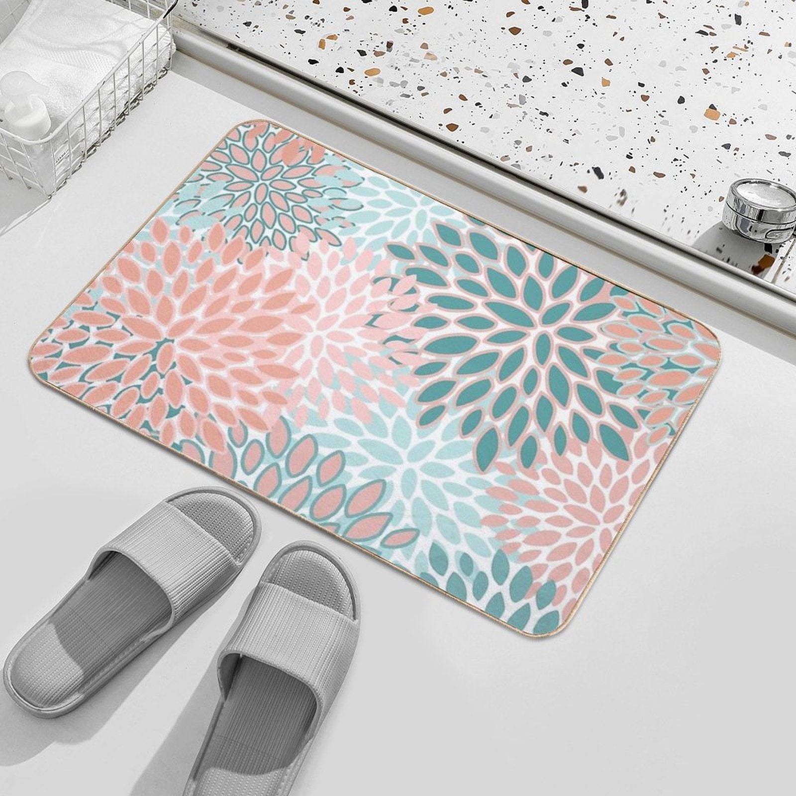 Floral Prints, Coral And Teal, Abstract Art  Odorless Bath Mat