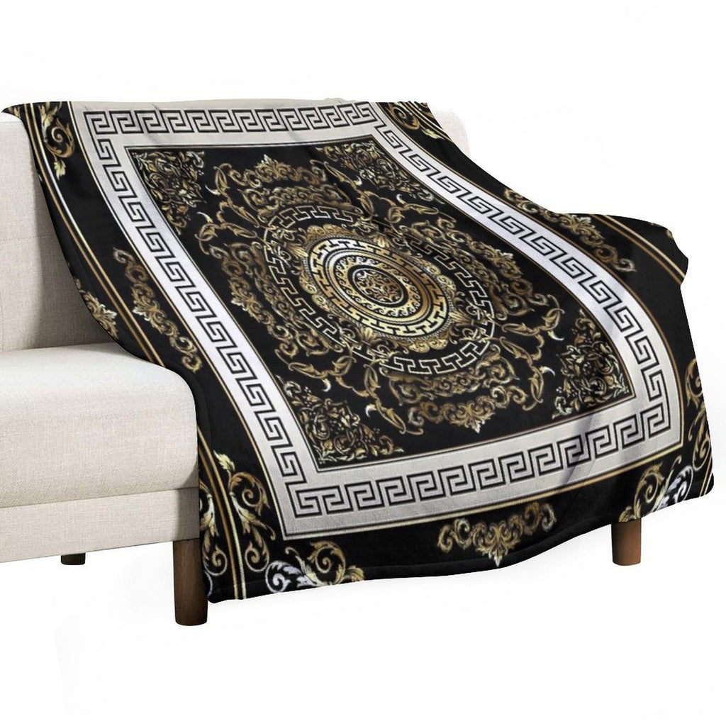 Ornate Baroque Filigree Black Cream Greek Key Meander Quick-dry Throw Blanket