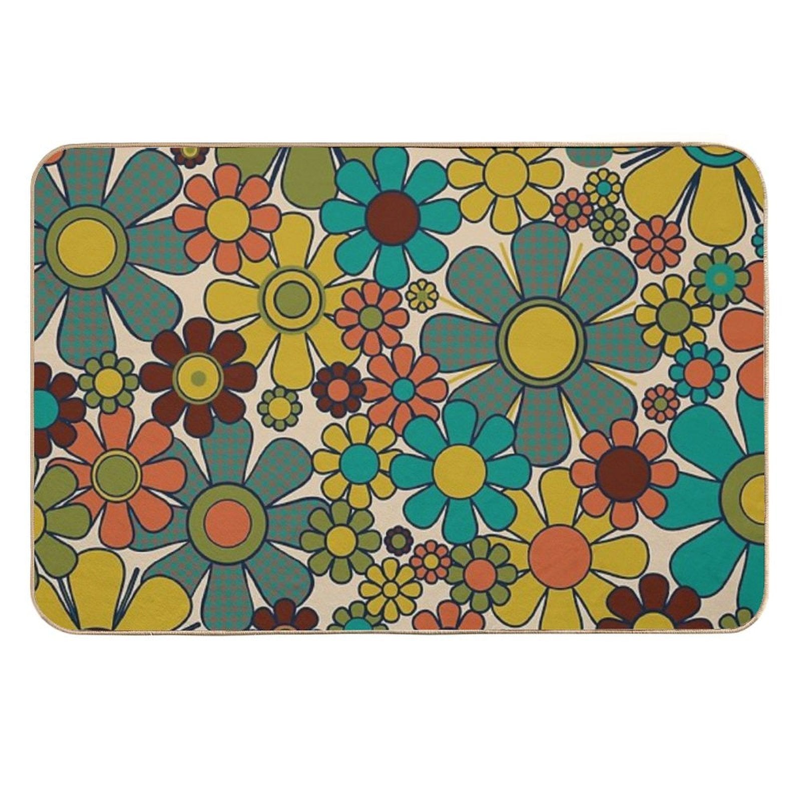 Retro Garden Gingham Flowers 70s Floral Pattern 2 in Mid Century Modern Olive Mustard Teal Orange  Anti-Trip Bath Mat