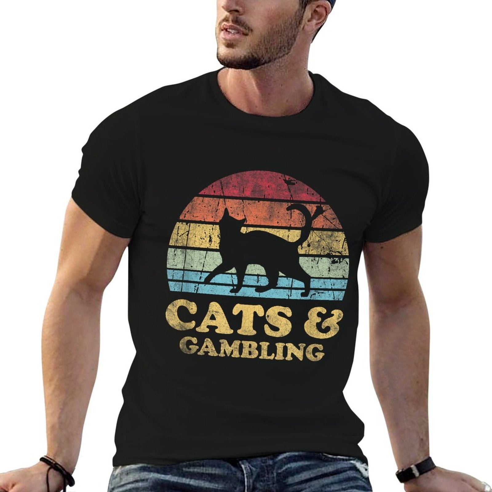 Funny Cats Gambling Vintage Distressed Retro Hobby  Relaxed-fit T-Shirt
