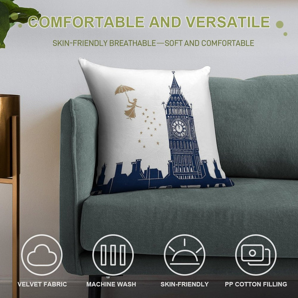 Mary Poppins And Big Ben Linocut Soft Shrink-Resistant Throw Pillow