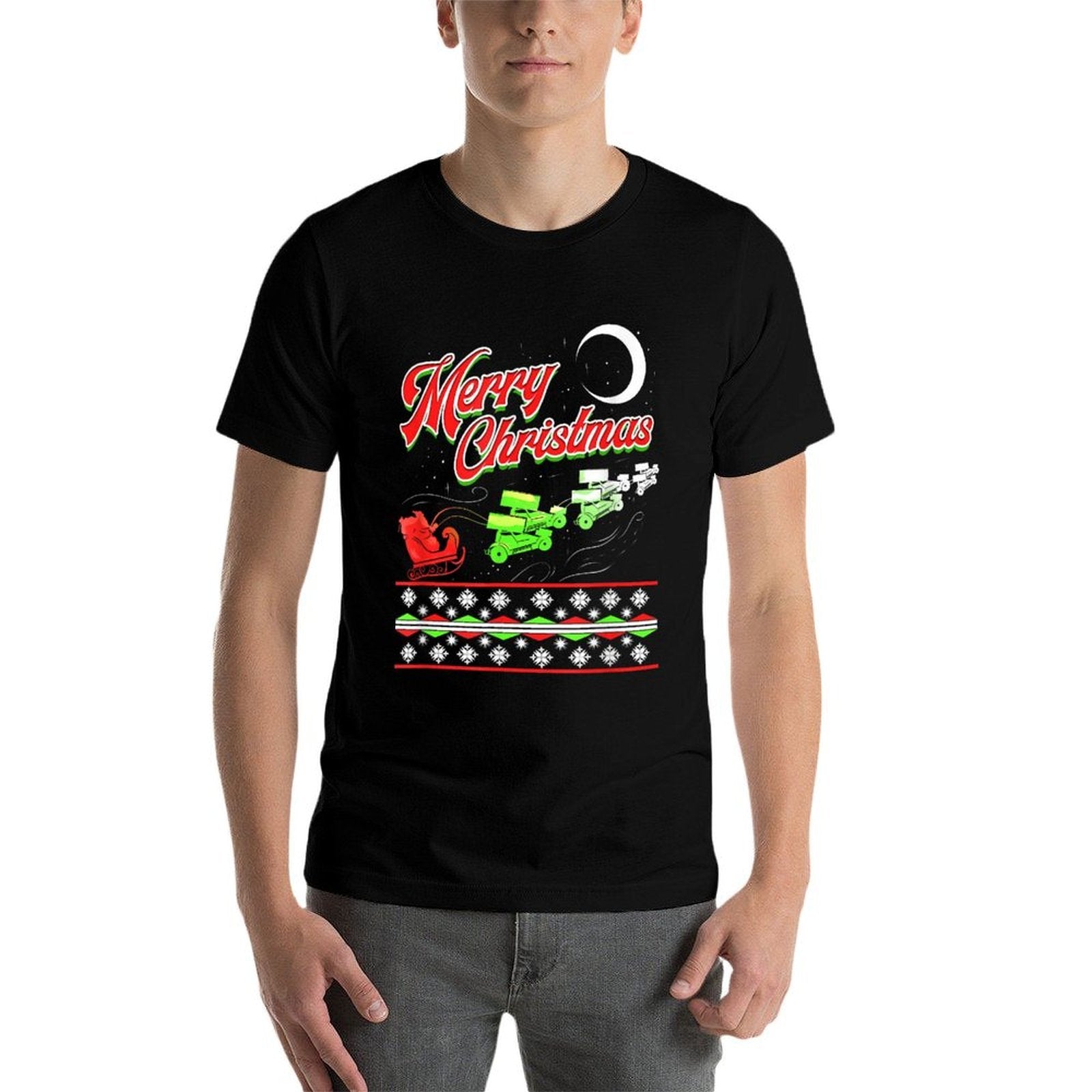 Sprint Car Racing Christmas Santa Sleigh Motorsports  Heathered Texture T-Shirt