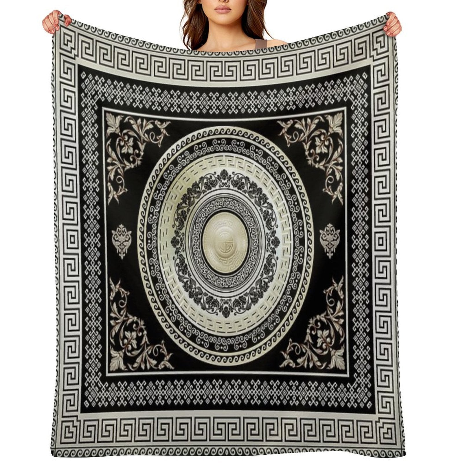Greek Key Meander Cream Black Medallion Ornate Baroque Travel-friendly Throw Blanket