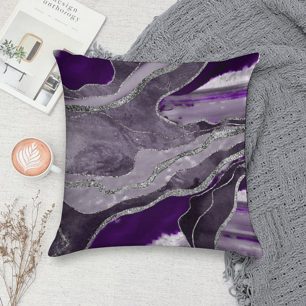 Dark Violet Marble Agate Silver Glam #1 (Photo of Glitter Only - Not Reflective) Soft Short Plush Fabric Throw Pillow