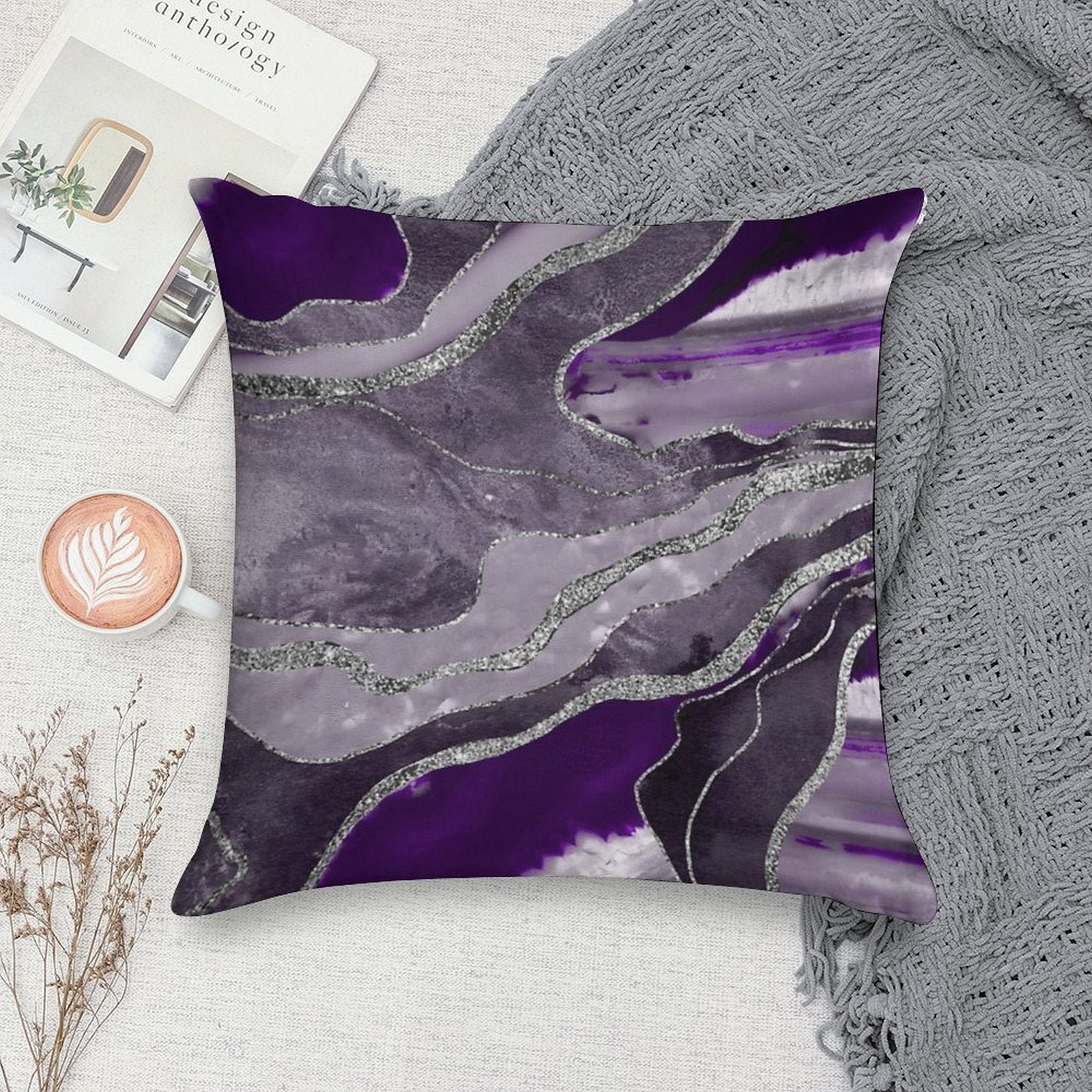 Dark Violet Marble Agate Silver Glam #1 (Photo of Glitter Only - Not Reflective) Soft Short Plush Fabric Throw Pillow