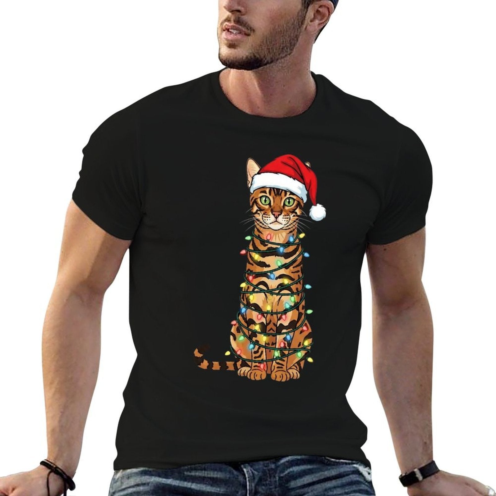Bengal Cat Christmas Tree Cute Santa Hat Lover  Graphic-printed T-Shirt