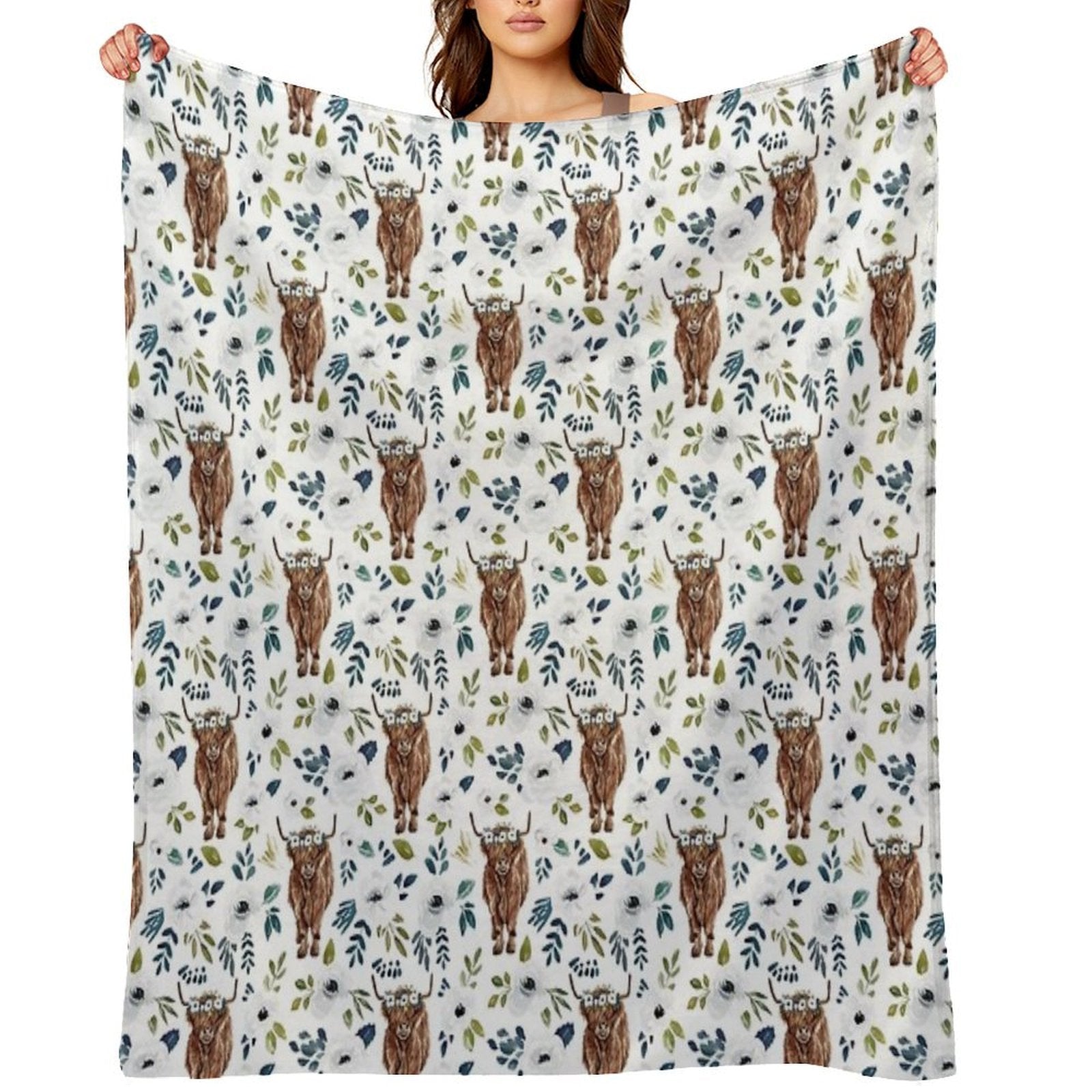 Highland Cow, Floral, Floral Crown, Cow Painting, Farmhouse Decor Shrink-resistant Throw Blanket