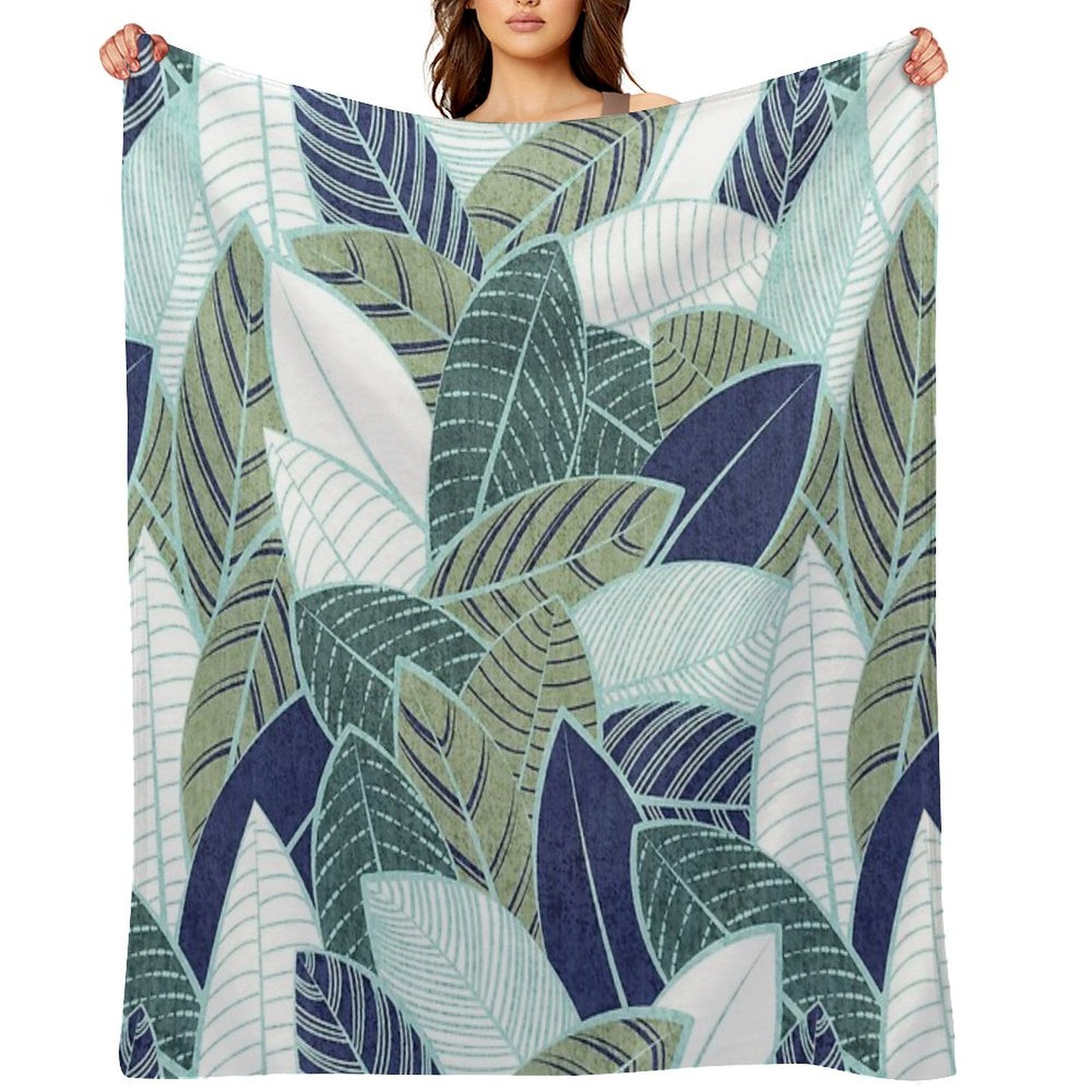 Leaf Wall  Navy Blue Pine And Sage Green Leaves Mint Lines Anti-pilling Throw Blanket