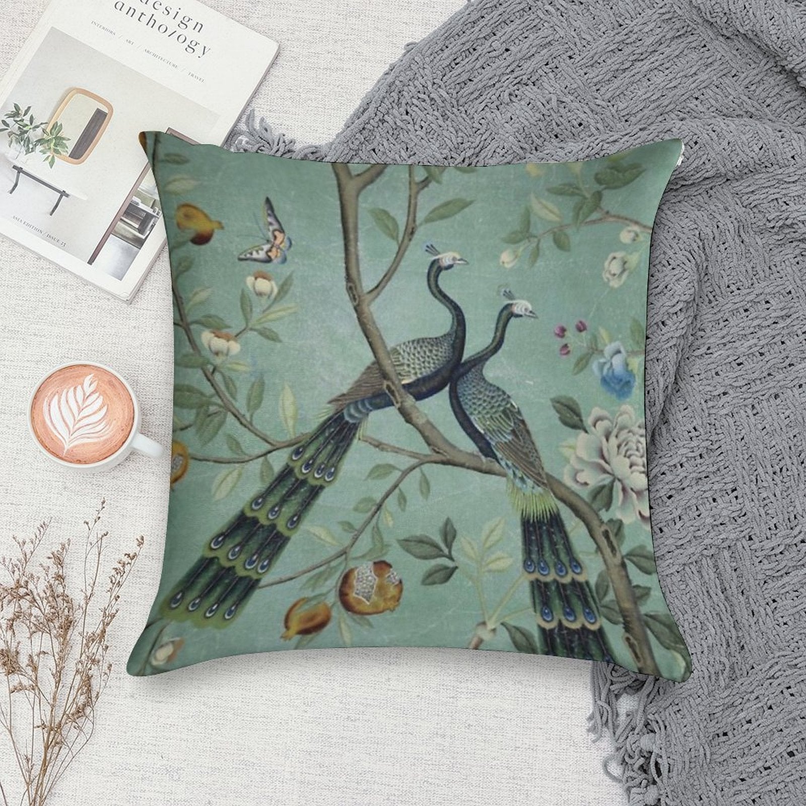 A Teal of Two Birds Chinoiserie Soft Multiple Sizes Throw Pillow