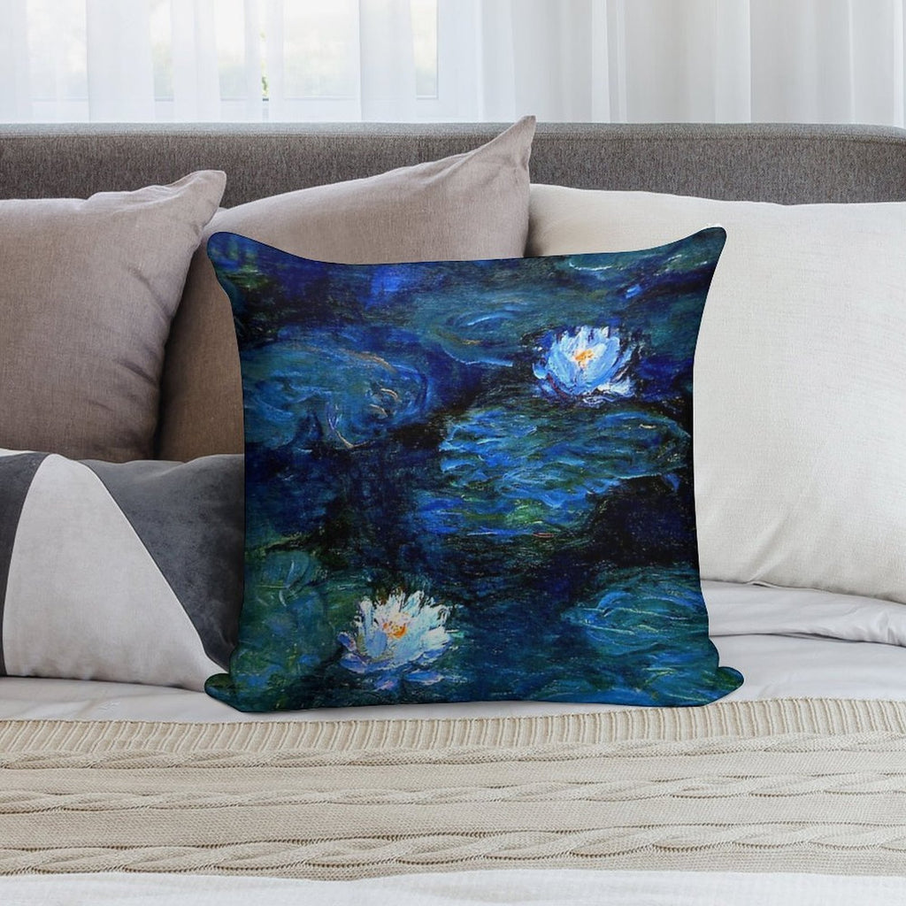Water Lilies Monet Deep Blue Soft High-Density Material Throw Pillow