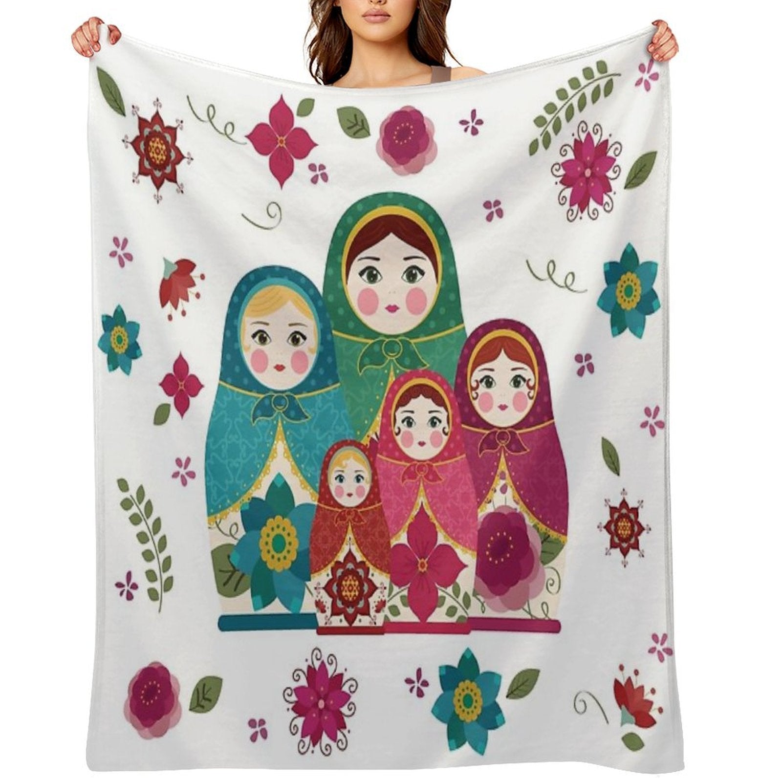 Russian Dolls White Sustainable Throw Blanket