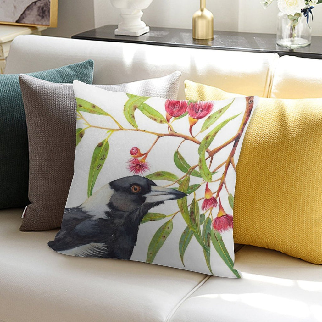 Australian Magpie And Eucalyptus Blossoms Watercolour Painting Soft High-Density Material Throw Pillow