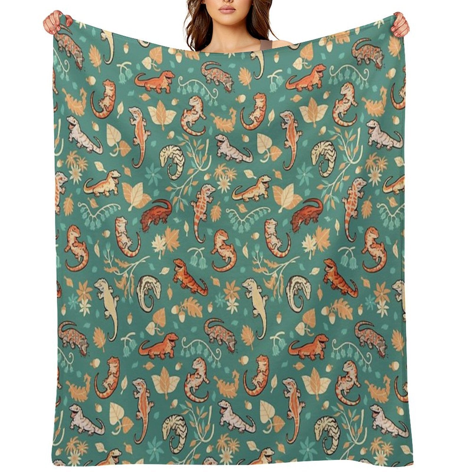 Autumn Geckos in Green Shrink-resistant Throw Blanket
