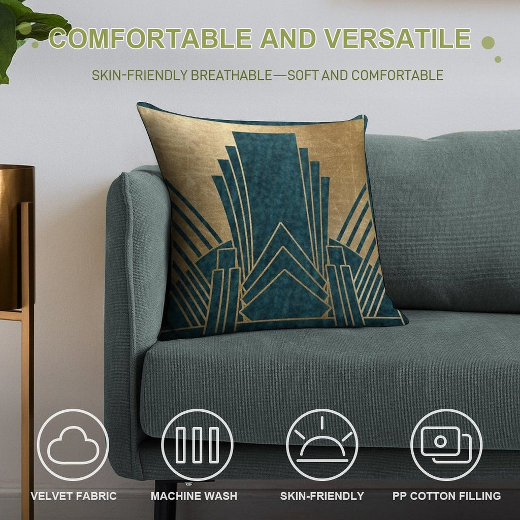 Art Deco Glamour - Teal And Gold Soft Washable Throw Pillow