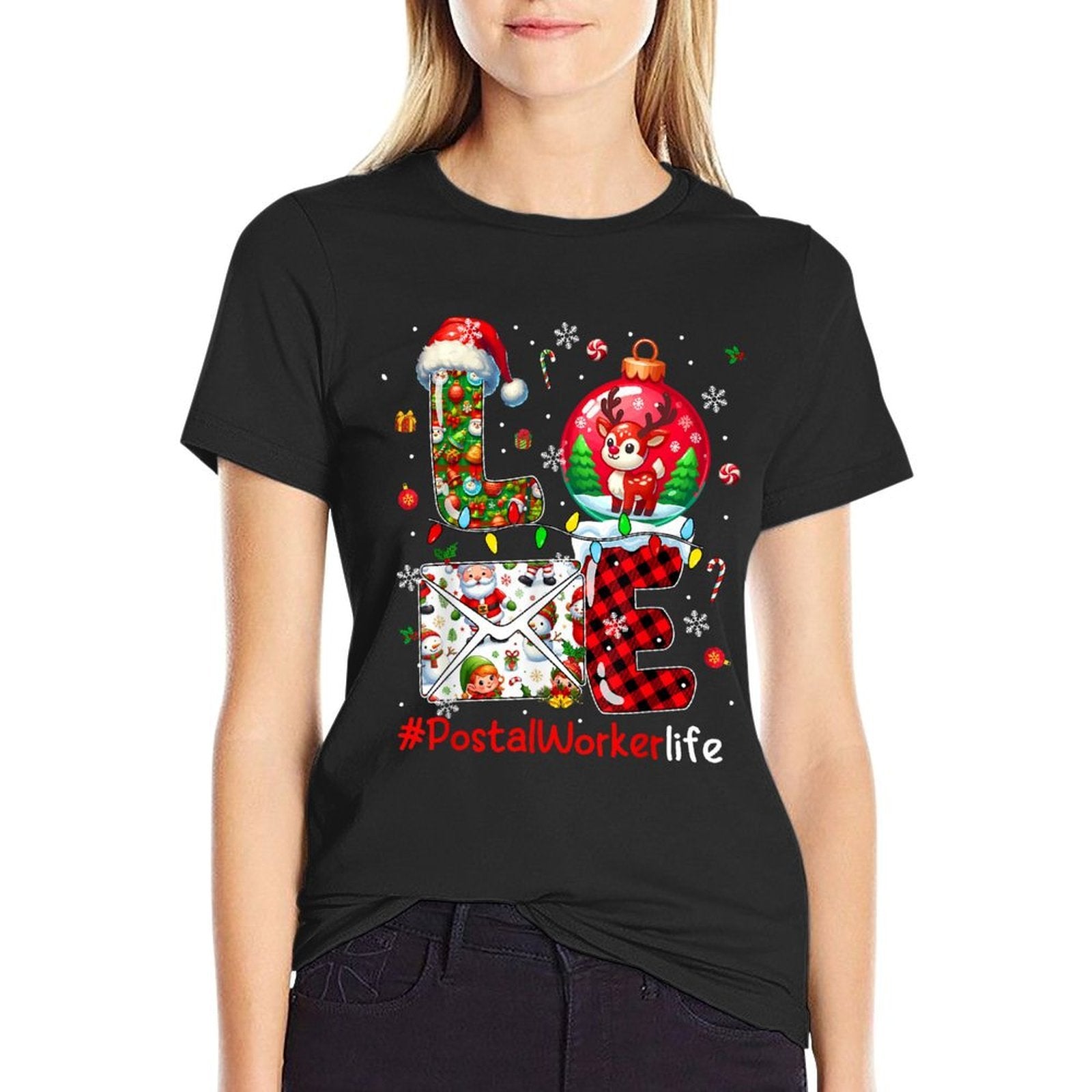 LOVE Postal Worker Christmas Santa Reindeer Matching Team  High-quality Stitching T-Shirt
