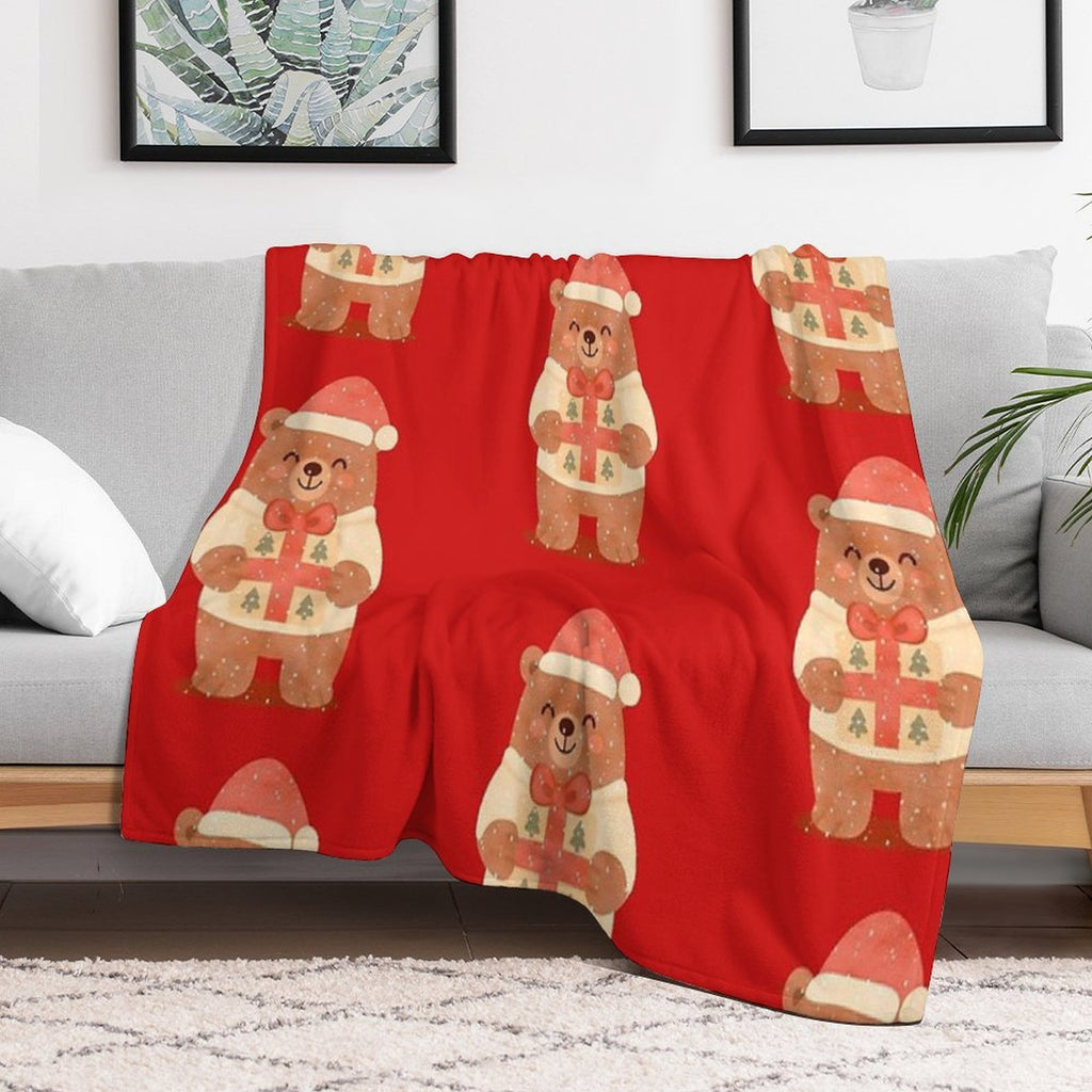 Cute Christmas Bear with Gift – Holiday Winter Illustration Eco-conscious Throw Blanket