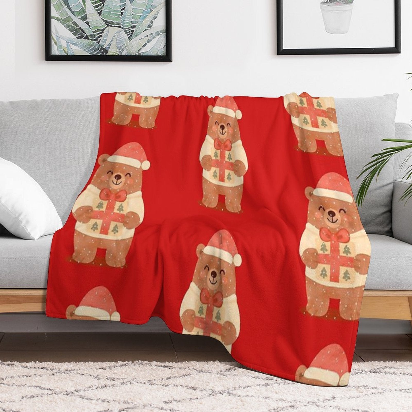 Cute Christmas Bear with Gift – Holiday Winter Illustration Eco-conscious Throw Blanket