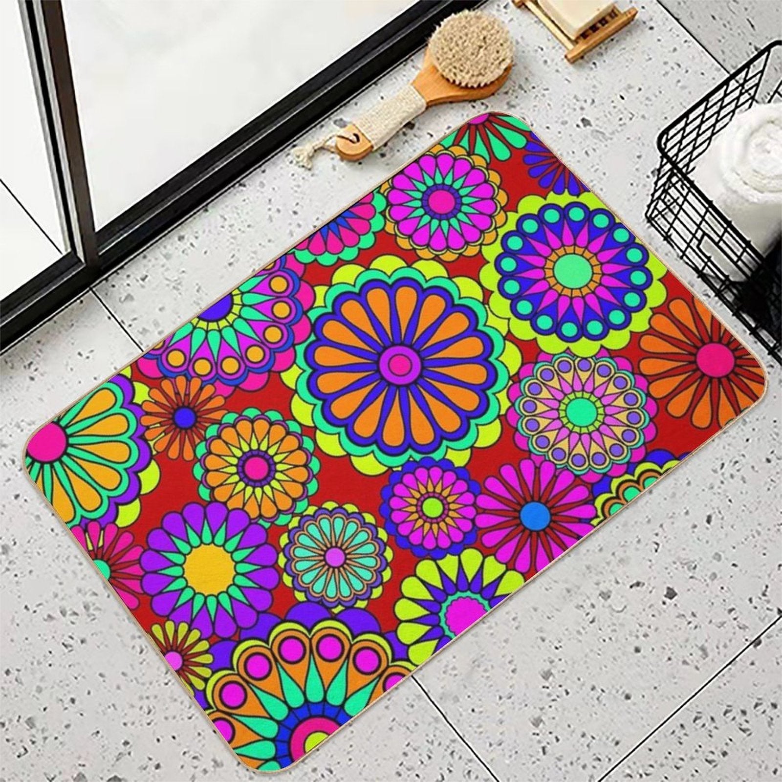 Flower Power Retro Style Hippy Flowers  Repositionable Bath Mat