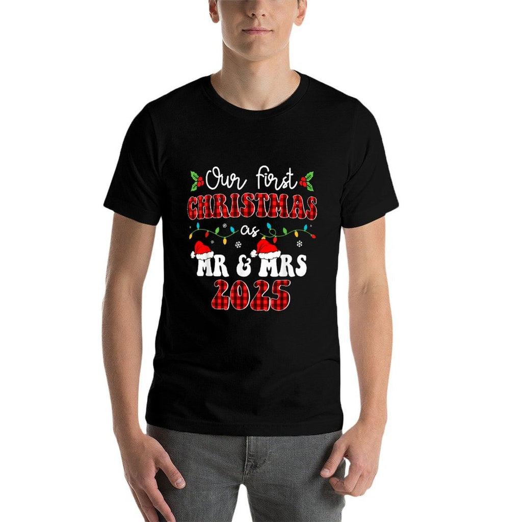 Groovy Our First Christmas As Mr  Mrs 2025 Couples Pajamas  Slim-fit Cut T-Shirt